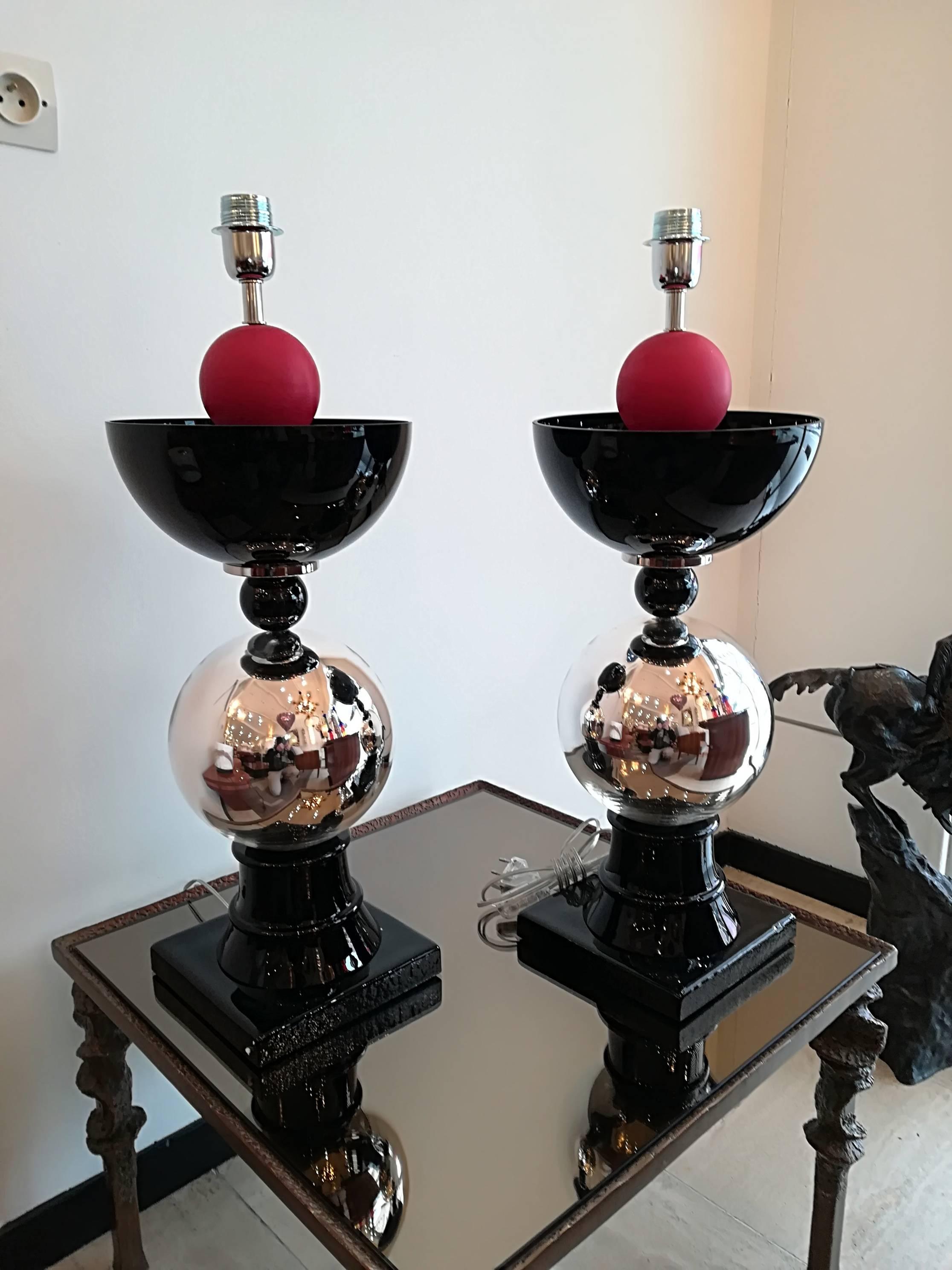 Modern Pair of Italian Table Lamps in Handblown Murano Glass