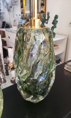 Pair of Italian Table Lamps in Light Green Murano Glass