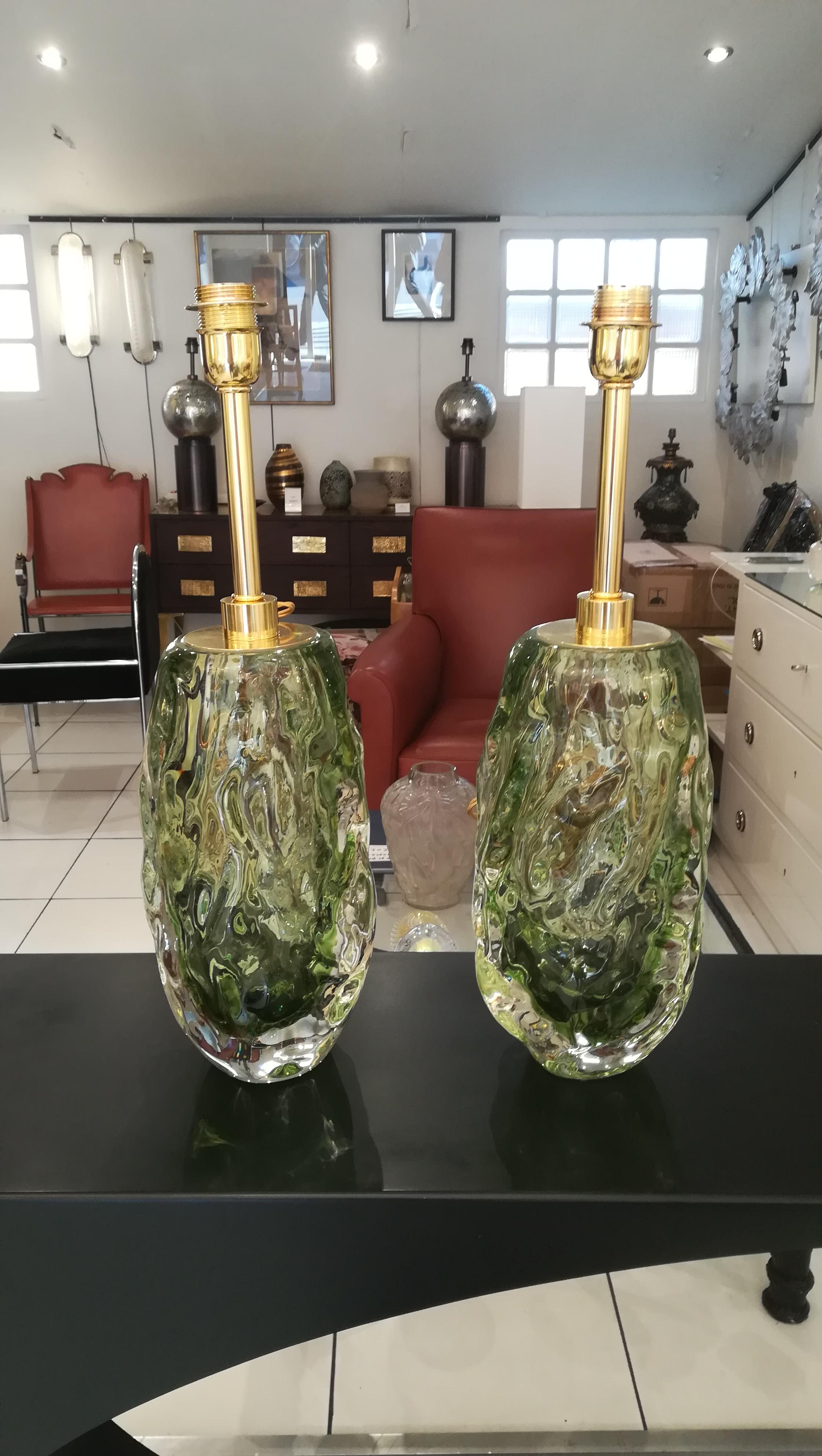 20th Century Pair of Italian Table Lamps in Light Green Murano Glass For Sale