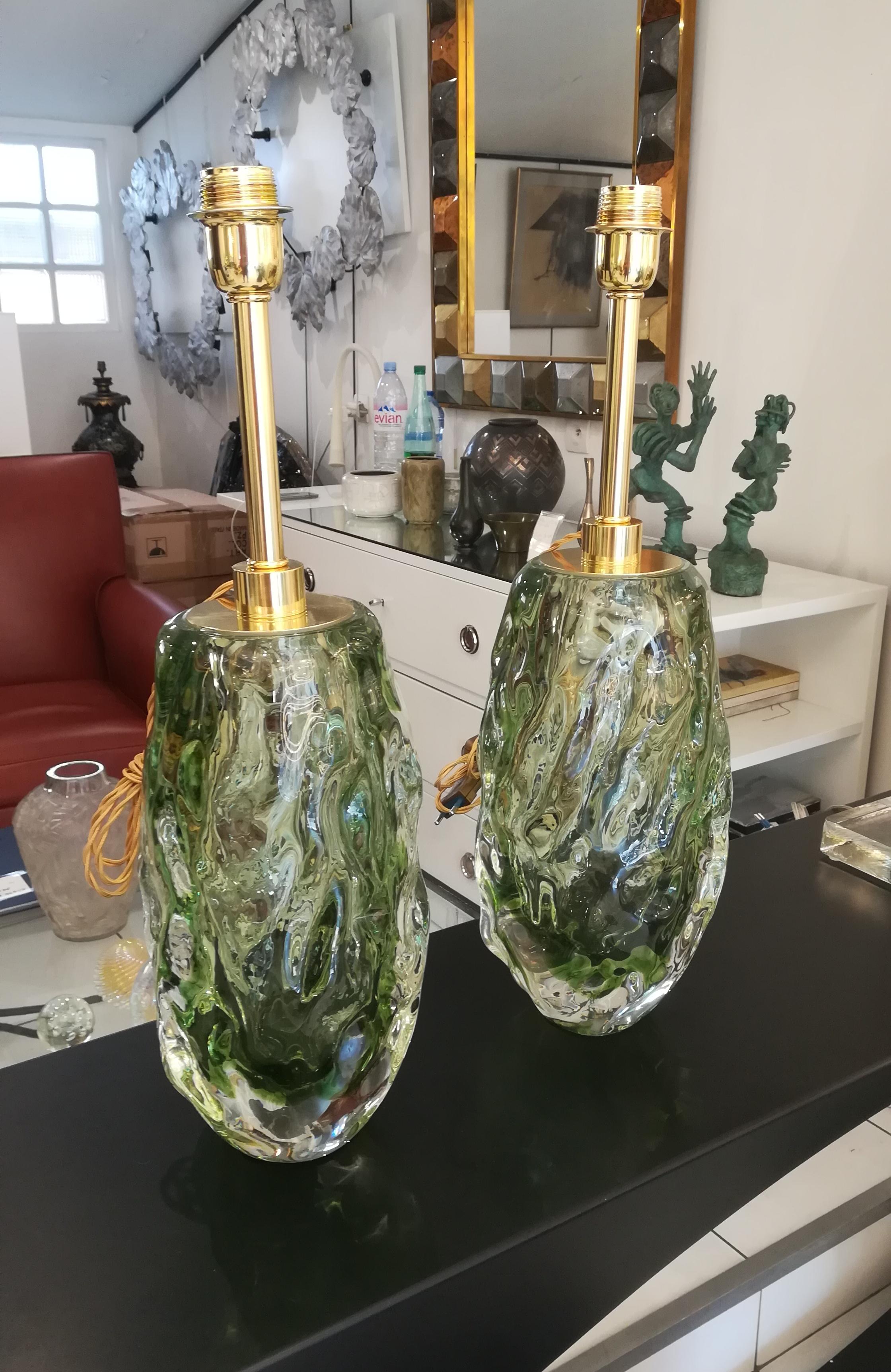 Pair of Italian Table Lamps in Light Green Murano Glass For Sale 1