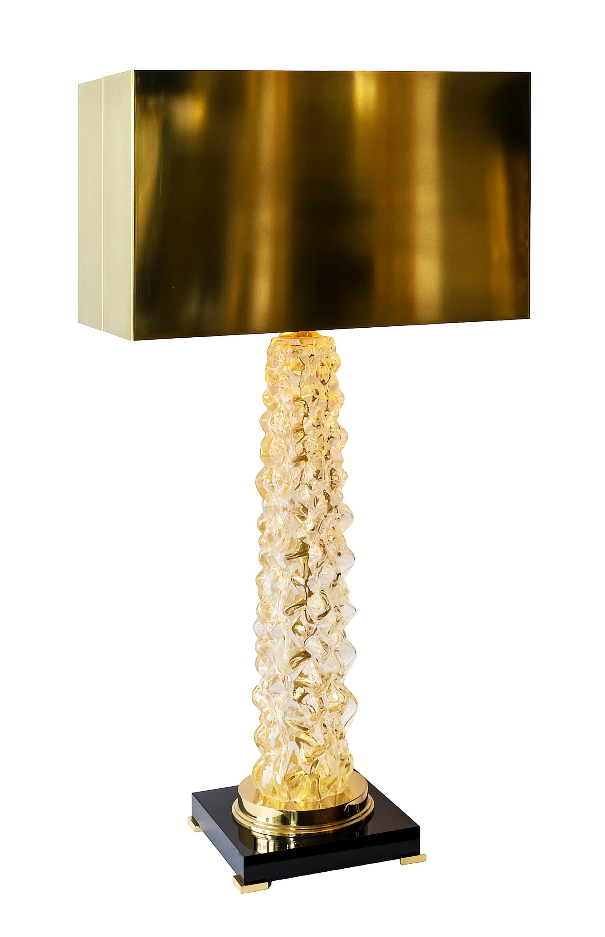 Modern Pair of Italian Table Lamps in Murano Glass and Brass Shades For Sale