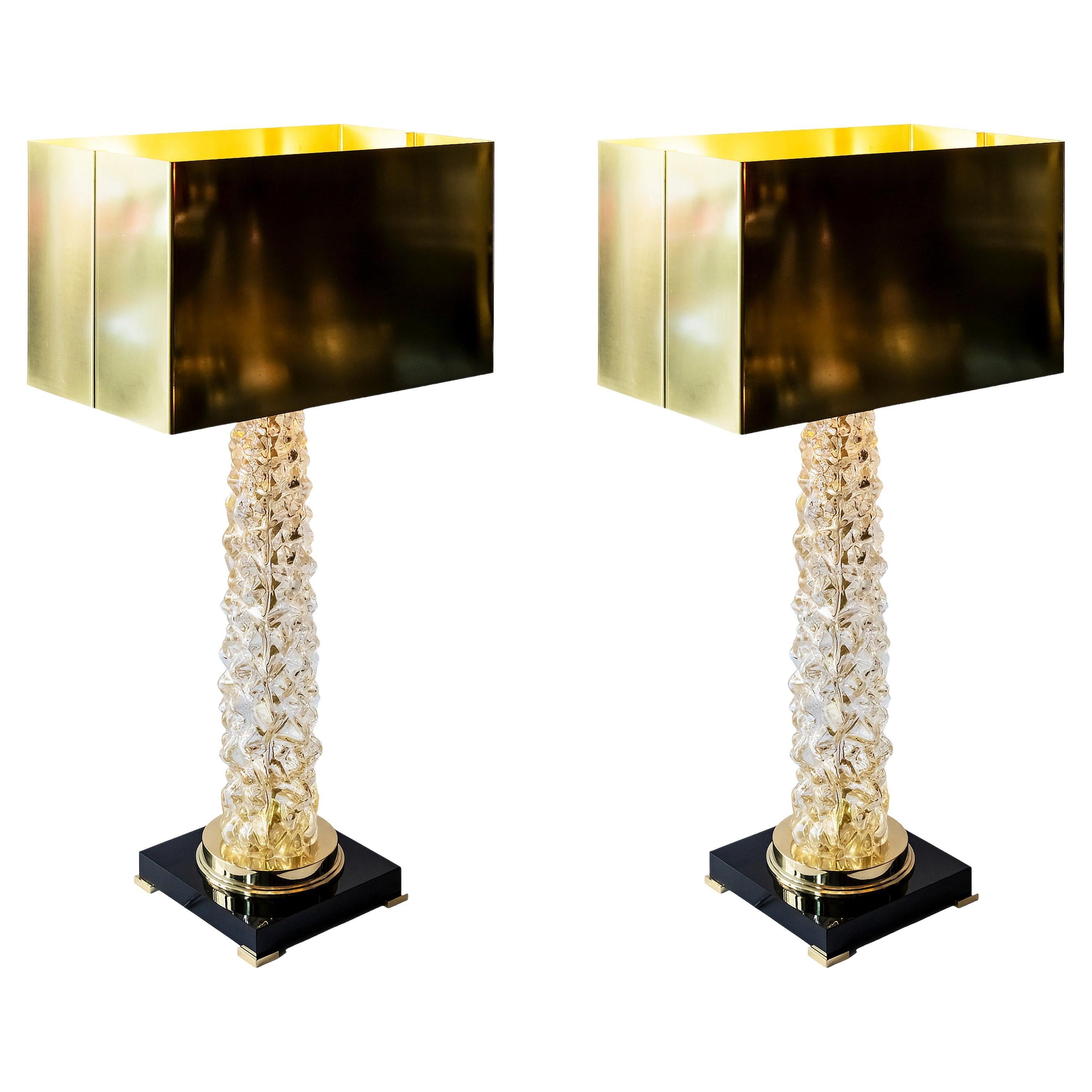 Pair of Italian Table Lamps in Murano Glass and Brass Shades For Sale