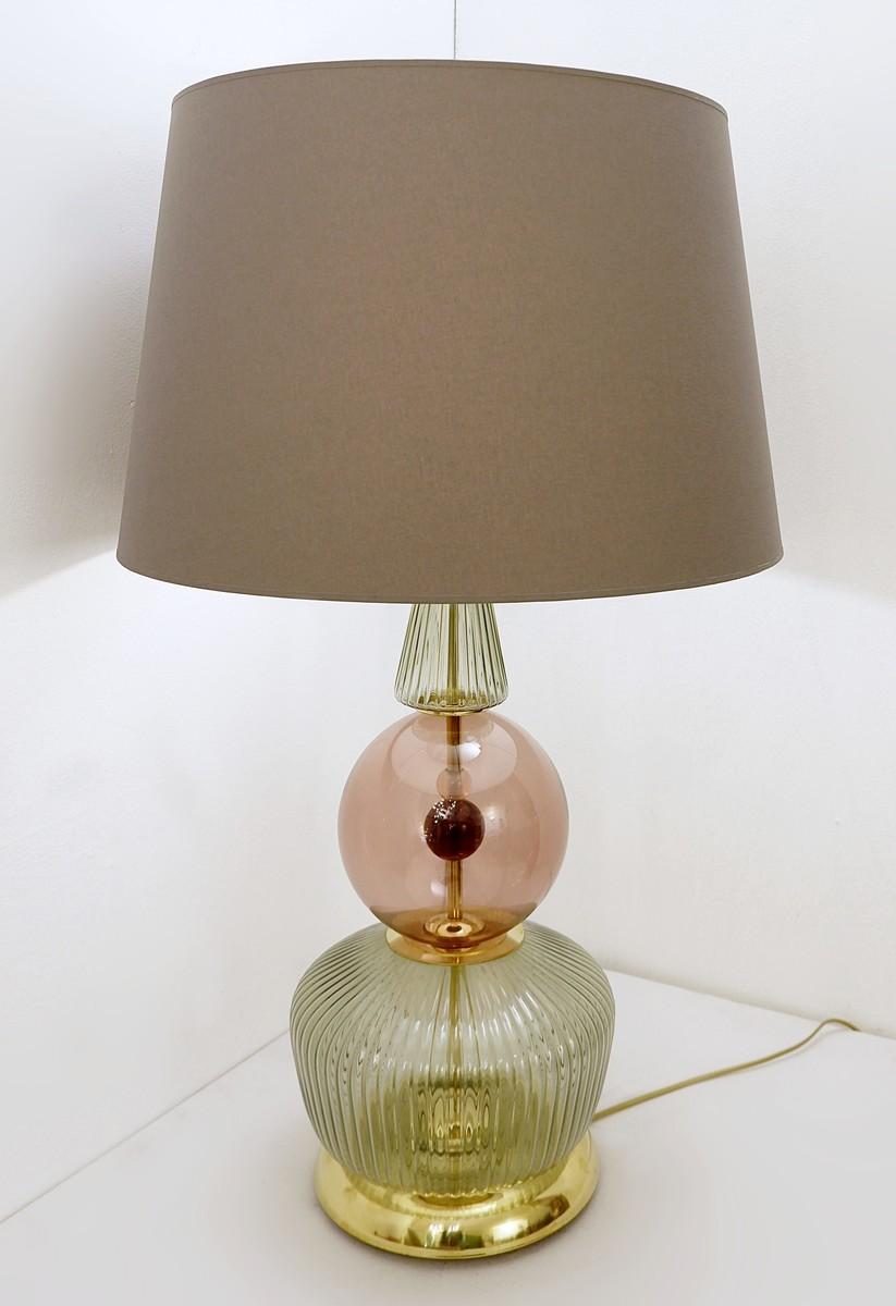 Pair of Italian Table Lamps in Transparent and Smoked Pink Glass 1