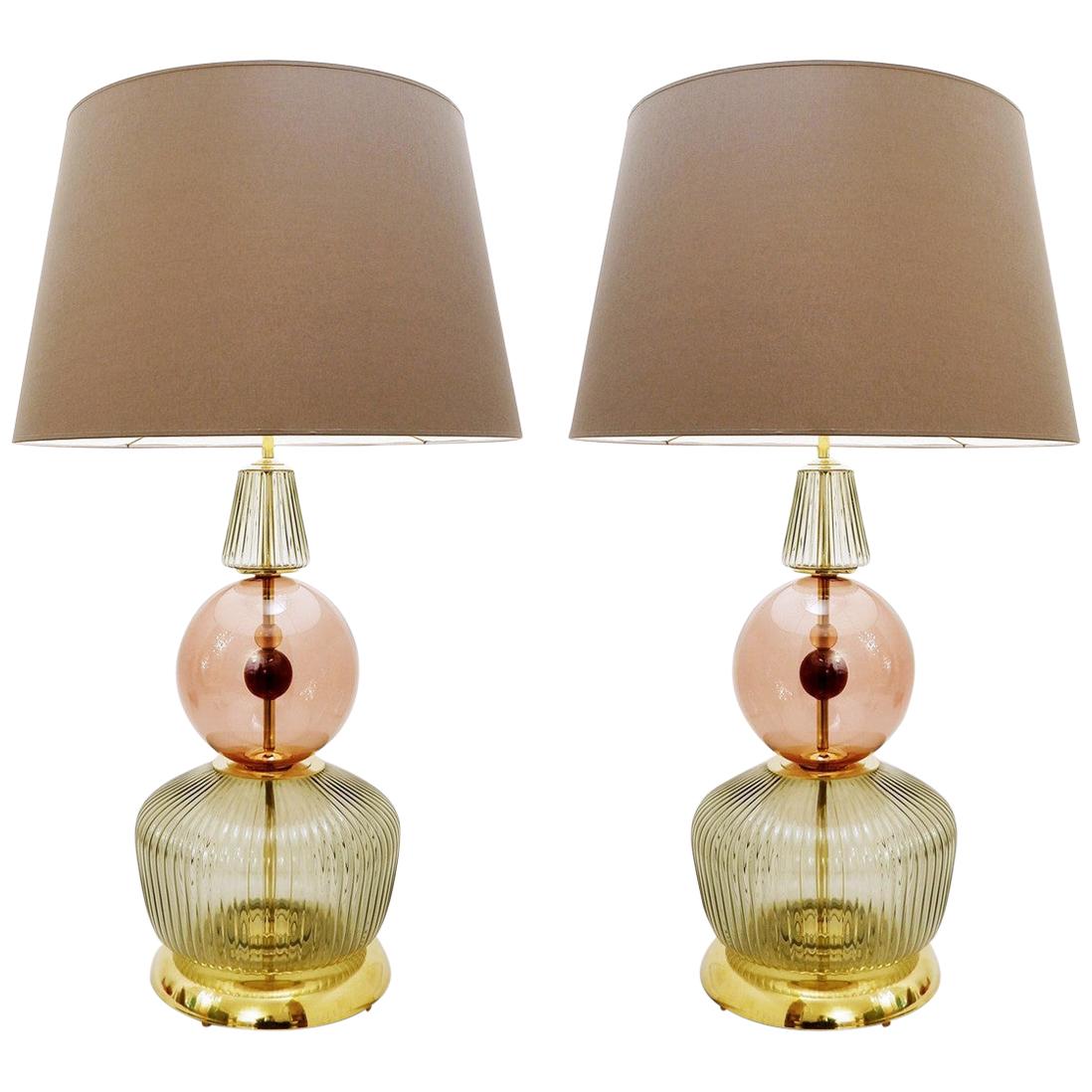 Pair of Italian Table Lamps in Transparent and Smoked Pink Glass