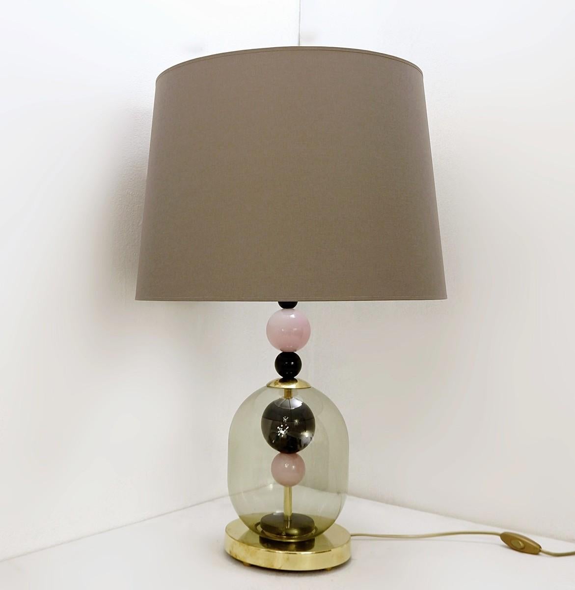Modern Pair of Italian Table Lamps in Transparent Smoked Pink and Black Glass