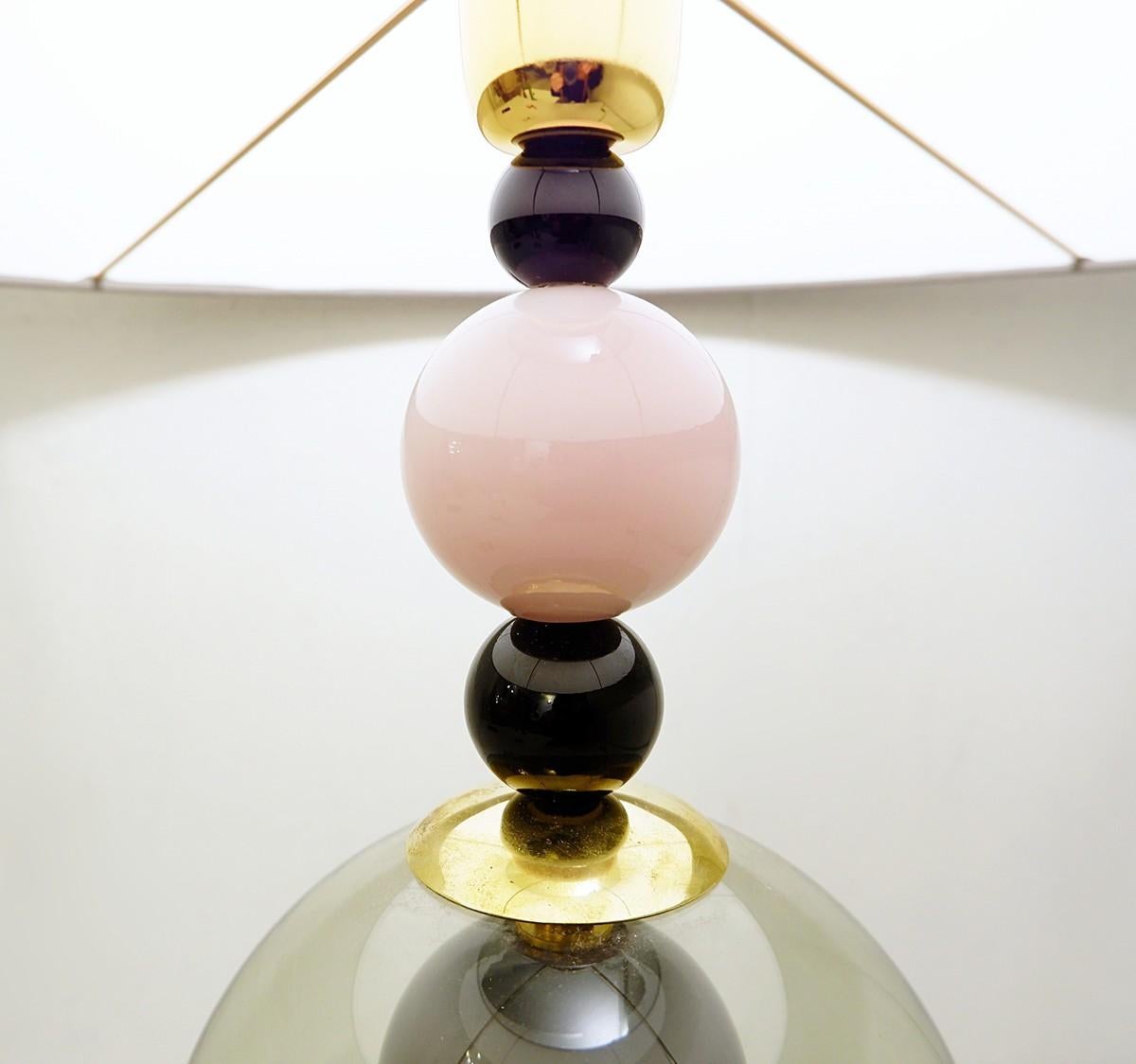 Pair of Italian Table Lamps in Transparent Smoked Pink and Black Glass 1