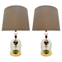 Pair of Italian Table Lamps in Transparent Smoked Pink and Black Glass
