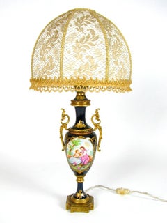 Pair of Italian Sèvres Style Table Lamps Blue Porcelain Bases Gold Lace Shades