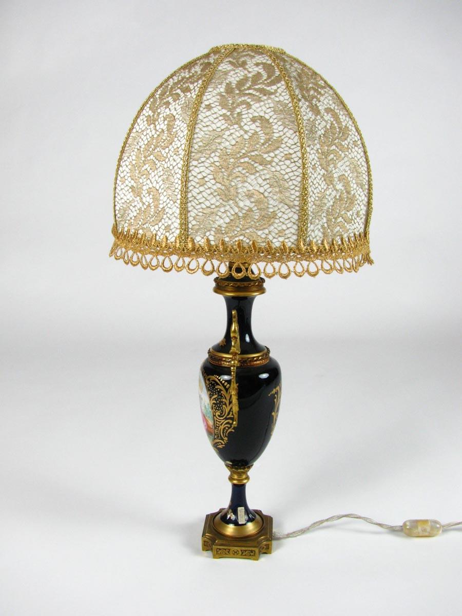 Romantic Pair of Italian Table Lamps Sèvres Style Blue Porcelain with Gold Lace Shades For Sale