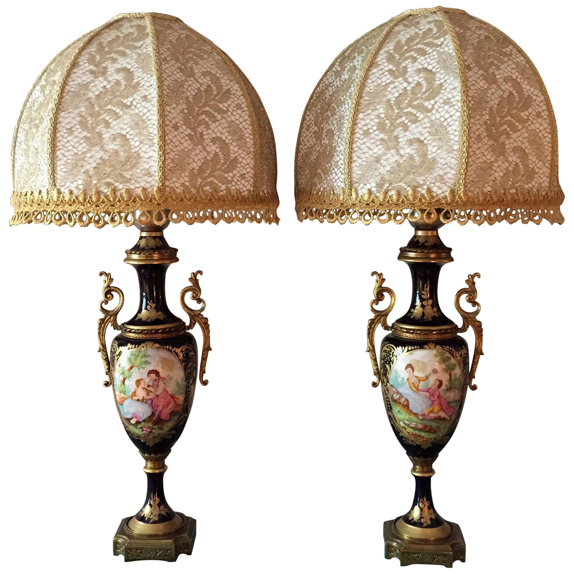Pair of Italian Table Lamps Sèvres Style Blue Porcelain with Gold Lace Shades For Sale