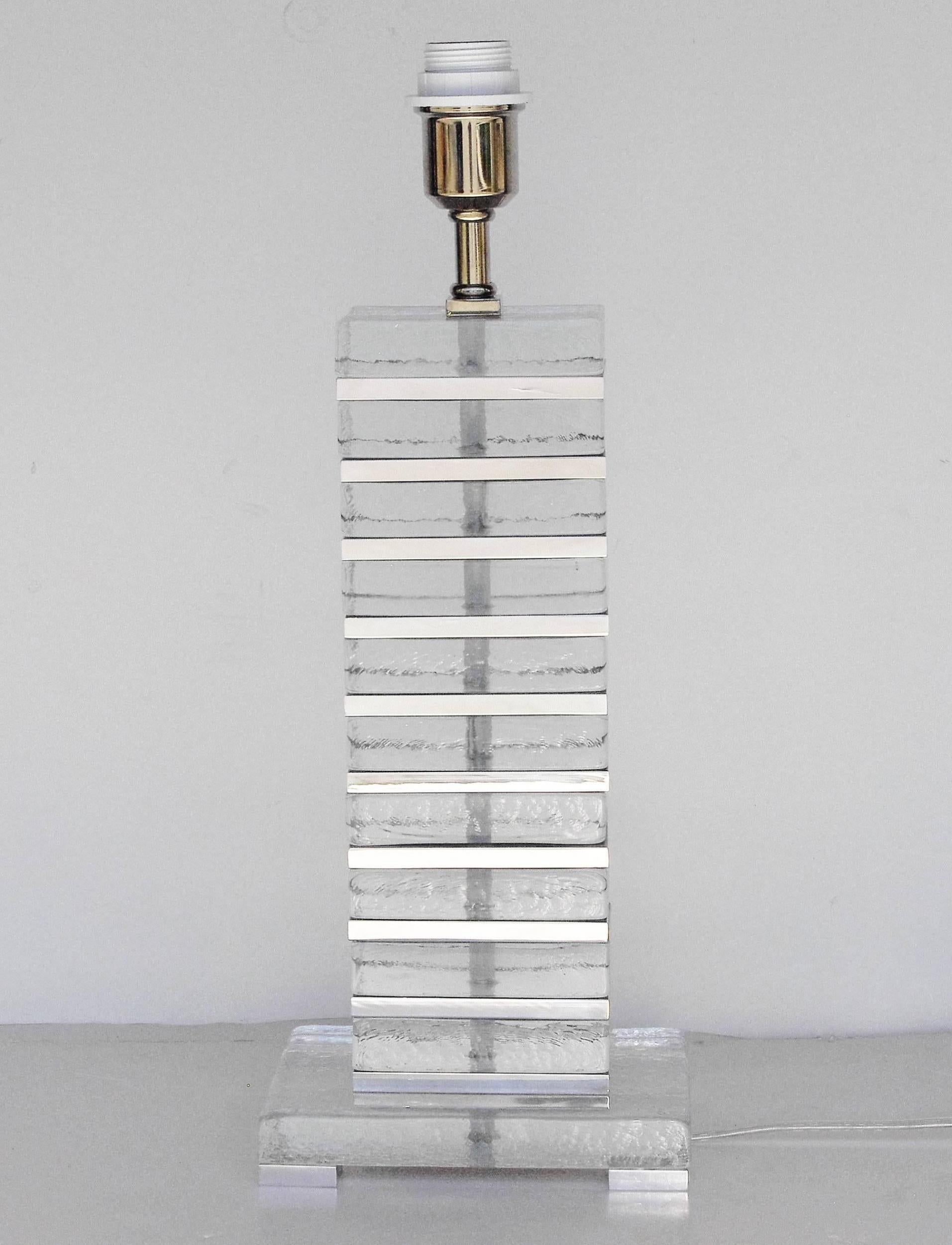 Pair of Italian table lamps with clear Murano rectangular block glass and chrome details stacked together / Made in Italy