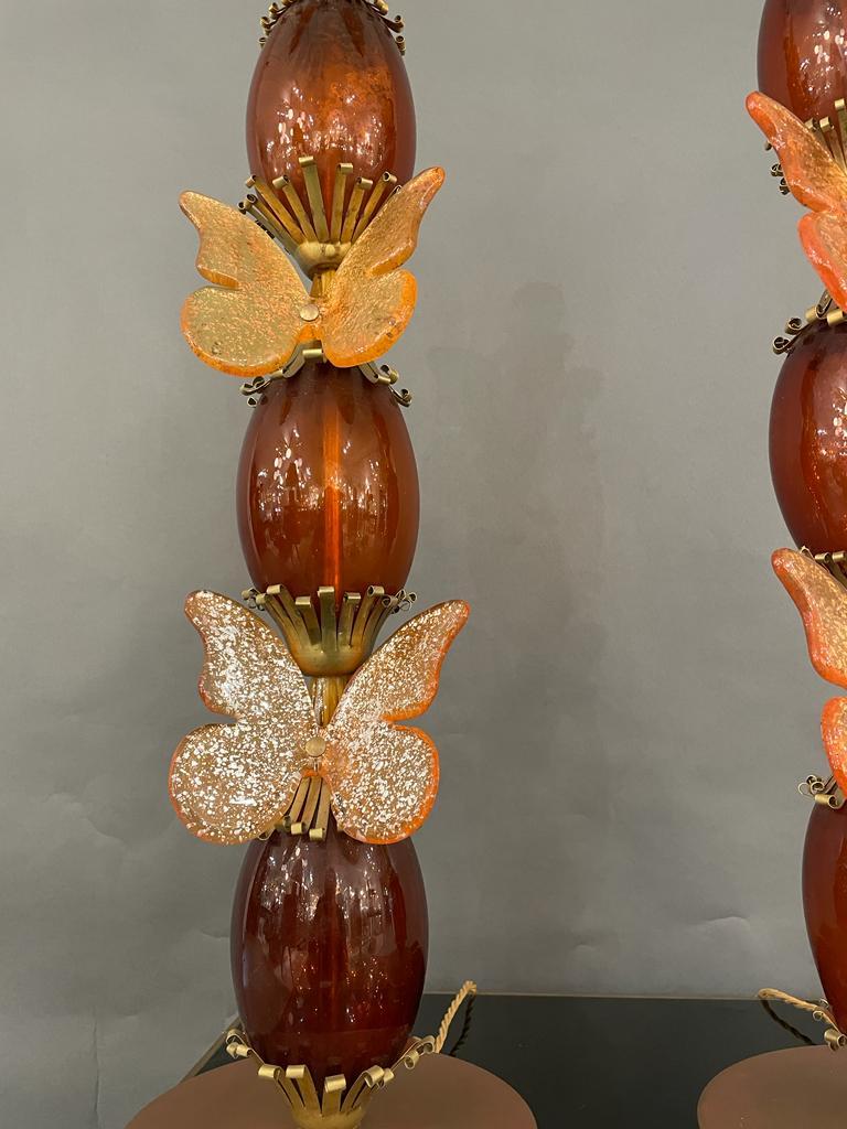 Pair of Italian Table Lamps with Butterflies in Murano Glass, circa 1970 In Good Condition For Sale In London, GB