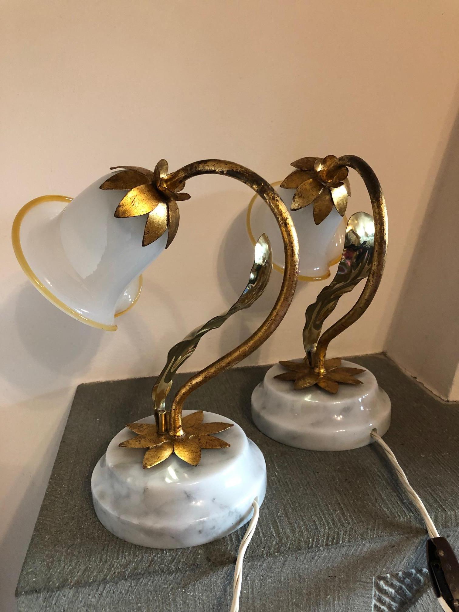 Paire de lampes de bureau italiennes avec base en marbre de Carrare en vente 6
