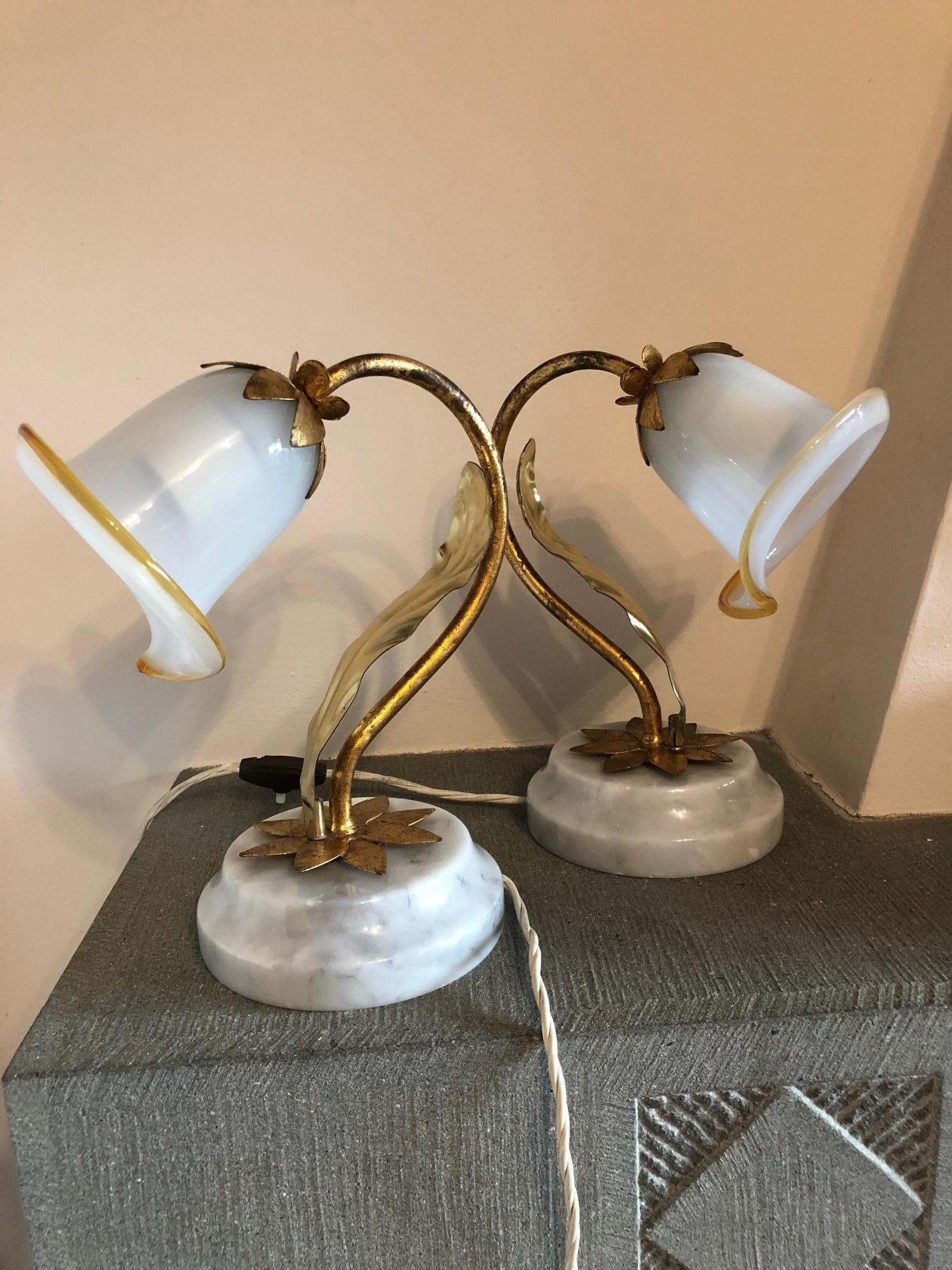 Paire de lampes de bureau italiennes avec base en marbre de Carrare en vente 7