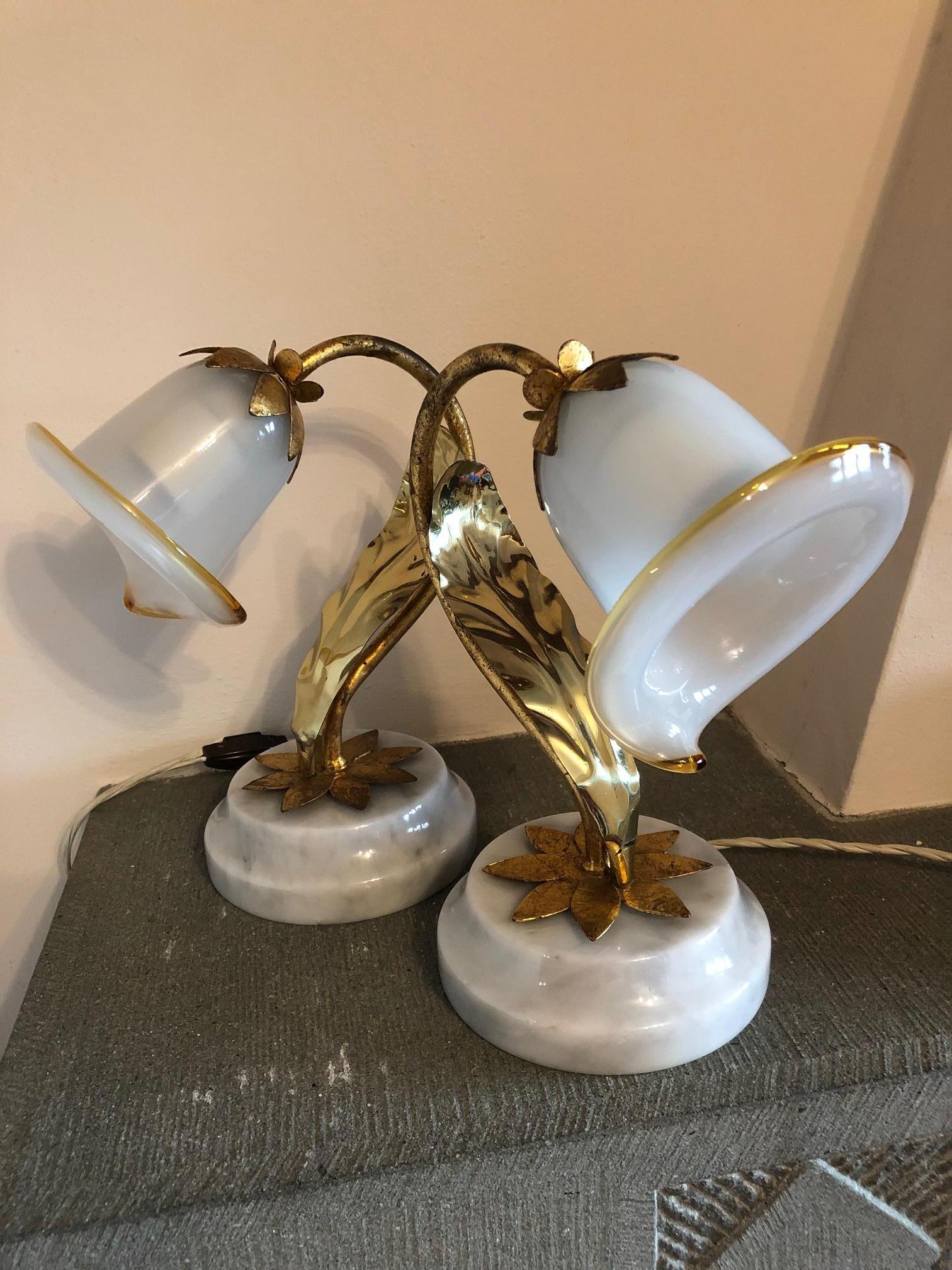 Paire de lampes de bureau italiennes avec base en marbre de Carrare en vente 8