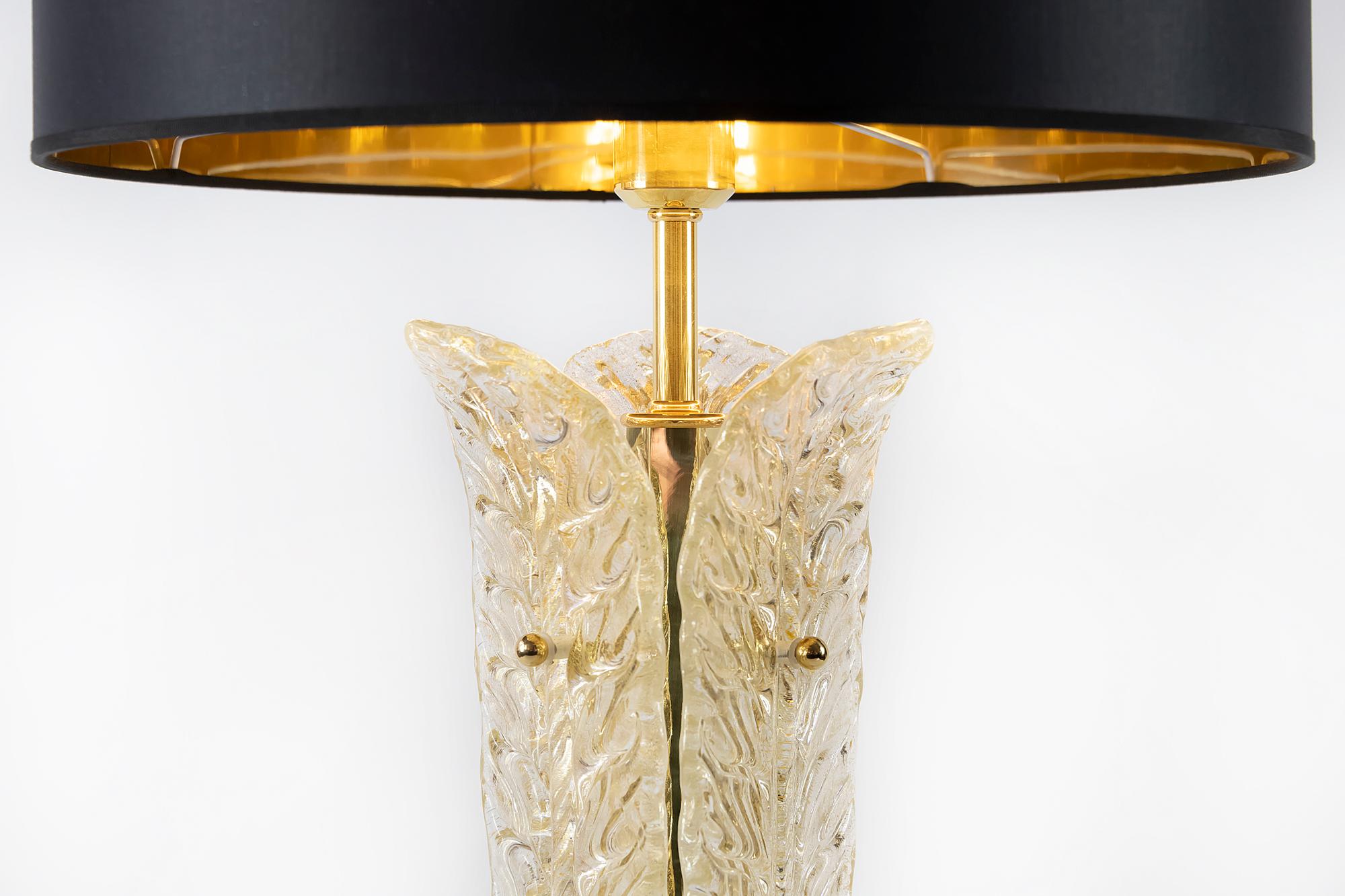 Hand-Crafted Pair of Italian Table Lamps with Leaf Form Murano Glass