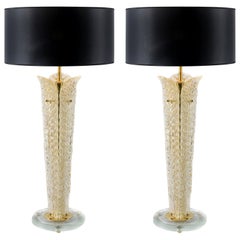 Pair of Italian Table Lamps with Leaf Form Murano Glass