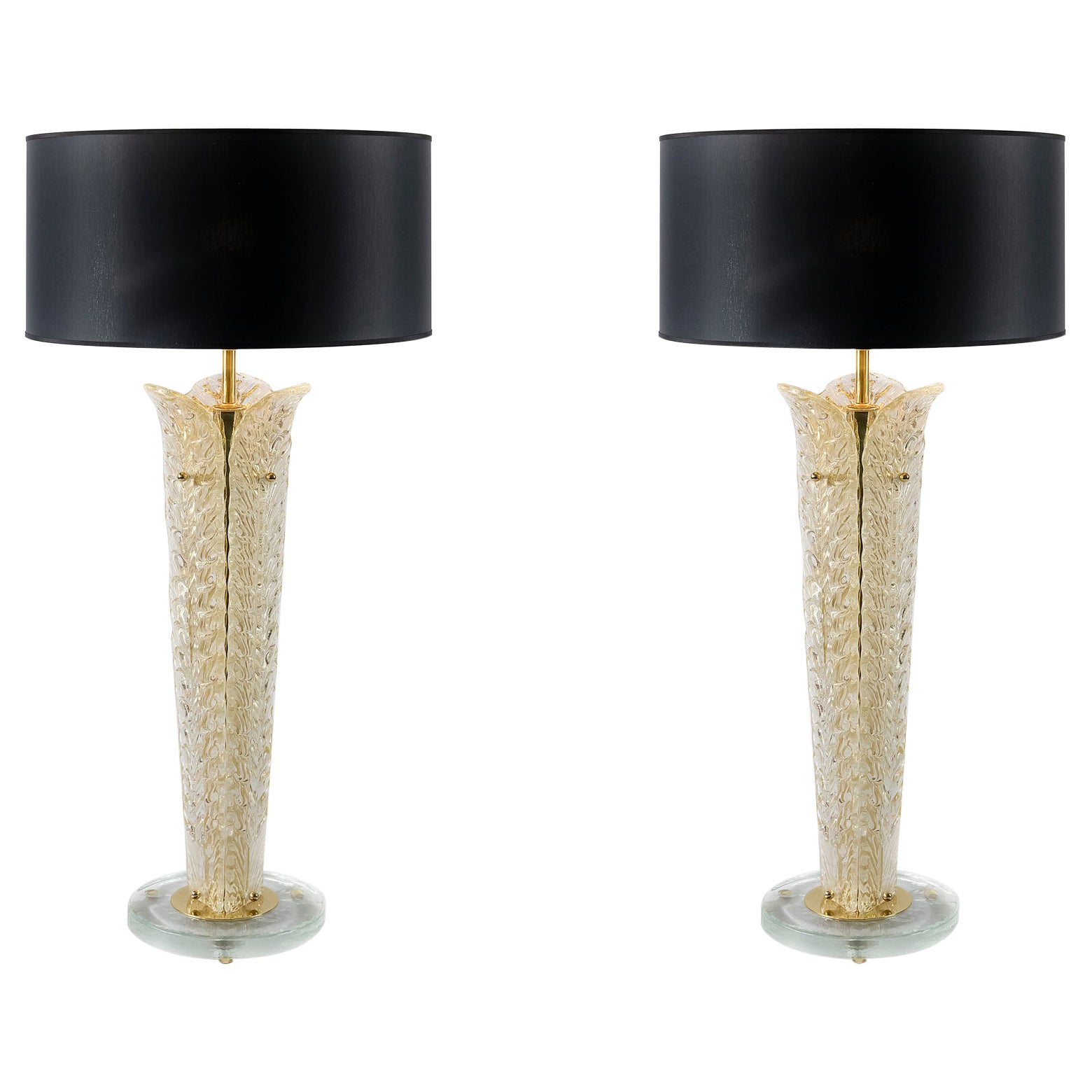 Pair of Italian Table Lamps with Leaf Form Murano Glass