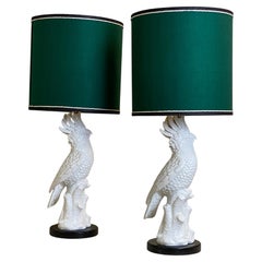  Mid Century Modern, Parrot Table Lamps in White Porcelain, Italy, 1970s.