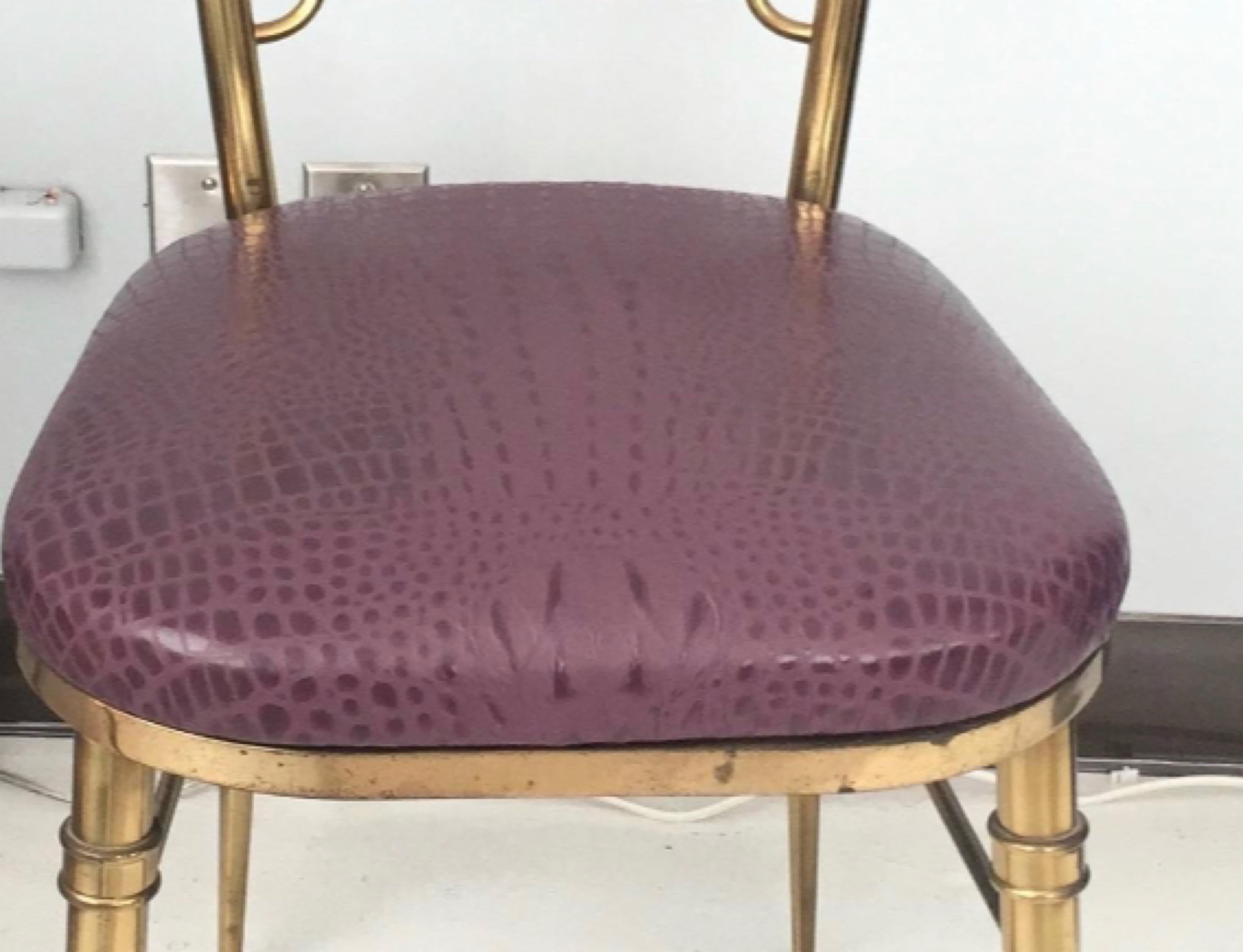 Pair of Italian  Brass Chiavari  Side Chairs with Aubergine Crocodile Leather For Sale 5