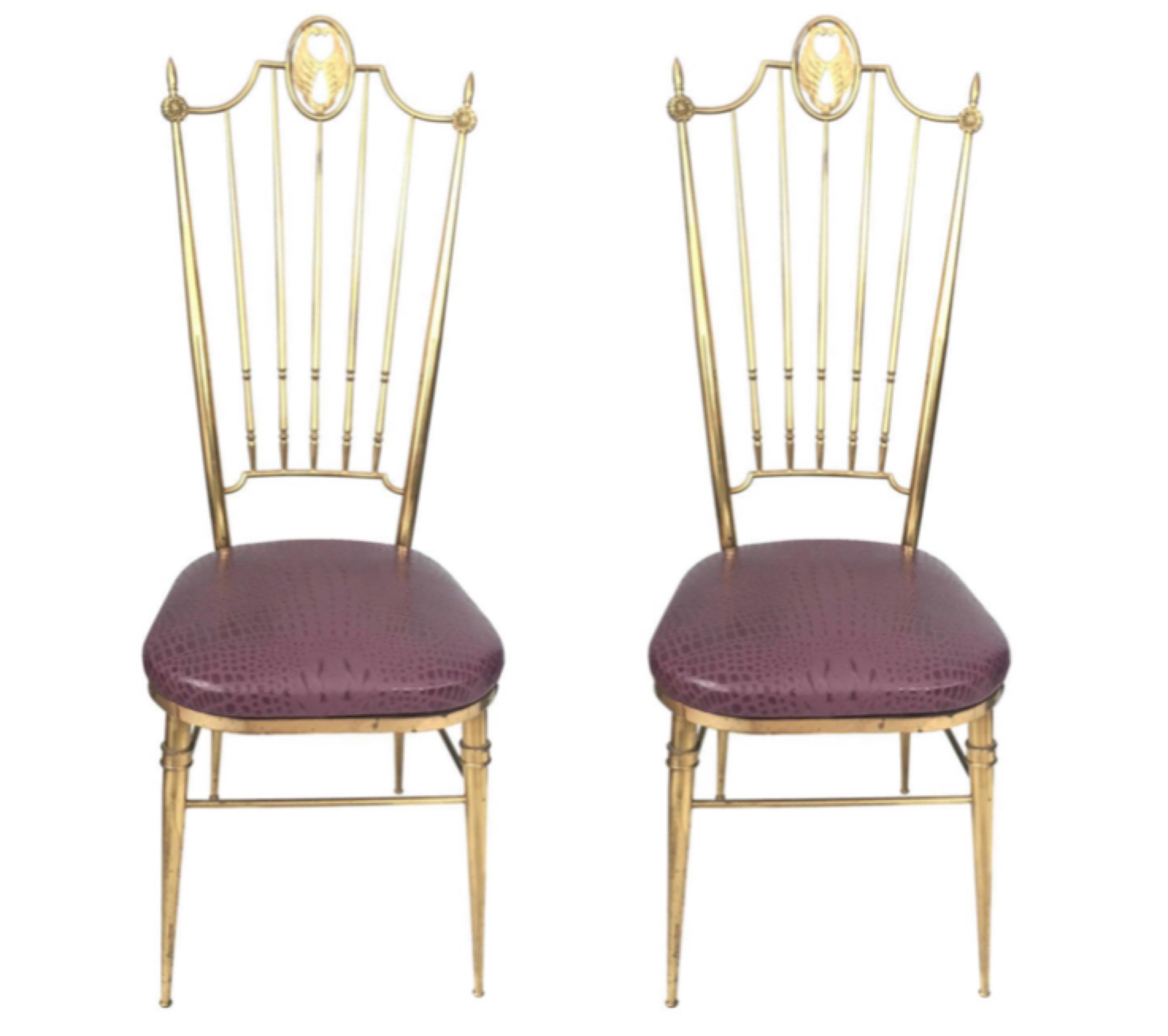 Pair of Italian  Brass Chiavari  Side Chairs with Aubergine Crocodile Leather For Sale 7