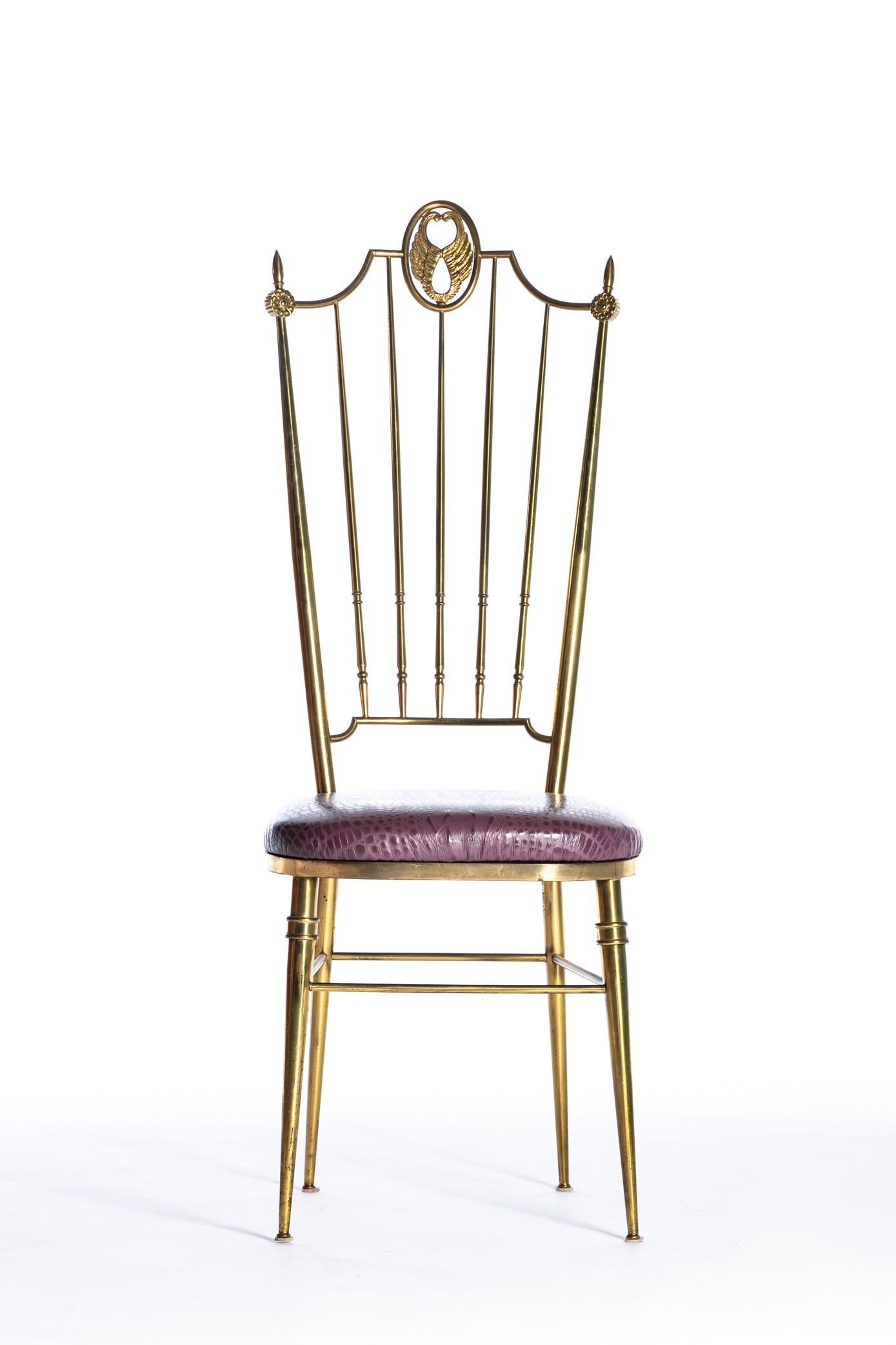 Pair of high back brass Italian Chiavari chairs with aubergine crocodile embossed leather seats, circa 1960. Want to see more beautiful things? Scroll down below and click 