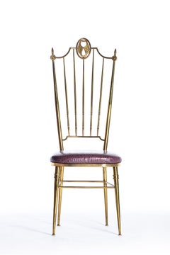 Pair of Italian  Brass Chiavari  Side Chairs with Aubergine Crocodile Leather