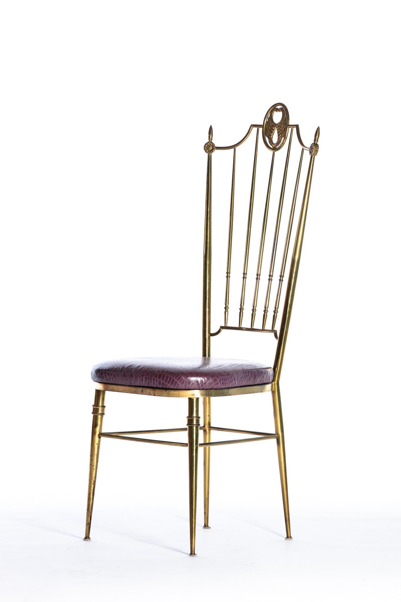 Hollywood Regency Pair of Italian  Brass Chiavari  Side Chairs with Aubergine Crocodile Leather For Sale