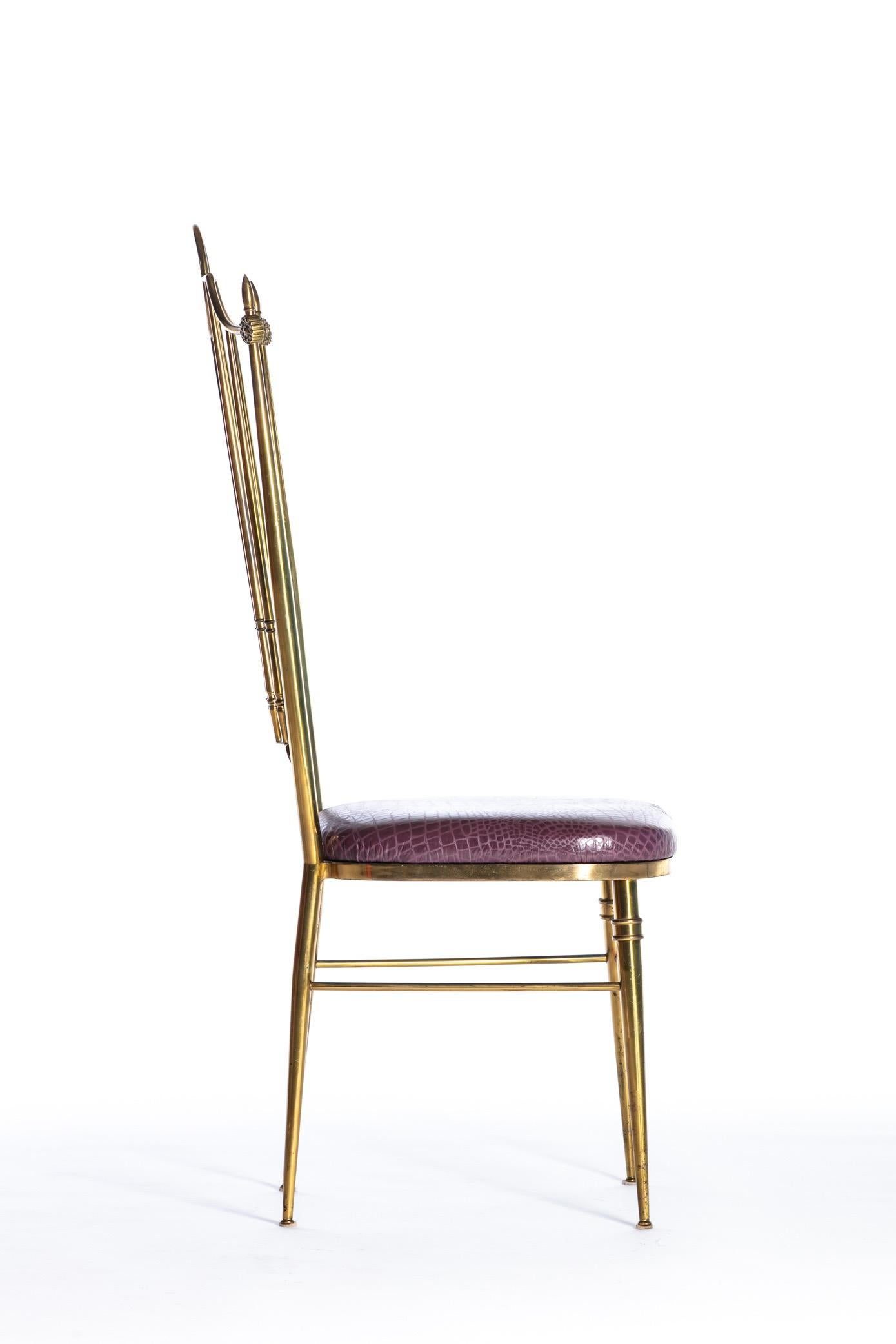 Pair of Italian  Brass Chiavari  Side Chairs with Aubergine Crocodile Leather For Sale 1