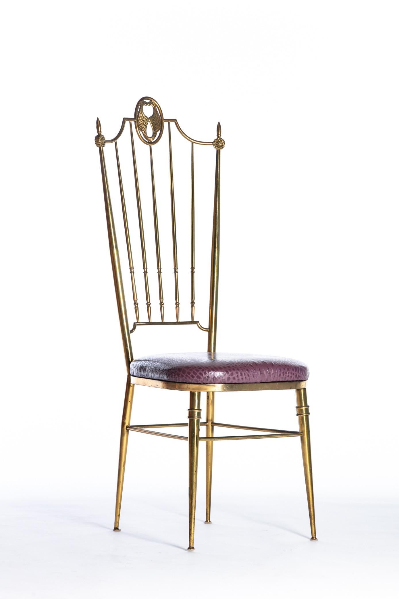 Pair of Italian  Brass Chiavari  Side Chairs with Aubergine Crocodile Leather For Sale 2