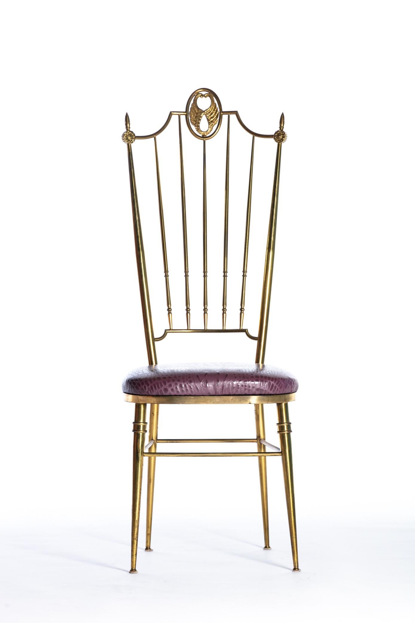 Pair of Italian  Brass Chiavari  Side Chairs with Aubergine Crocodile Leather For Sale 3