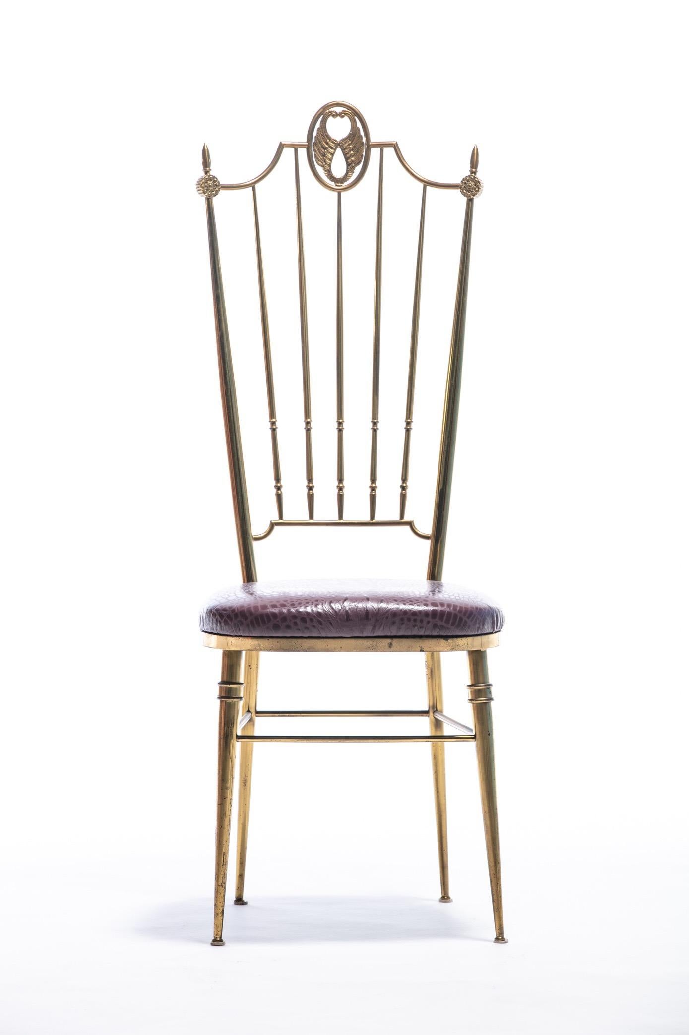 Pair of Italian  Brass Chiavari  Side Chairs with Aubergine Crocodile Leather For Sale 4