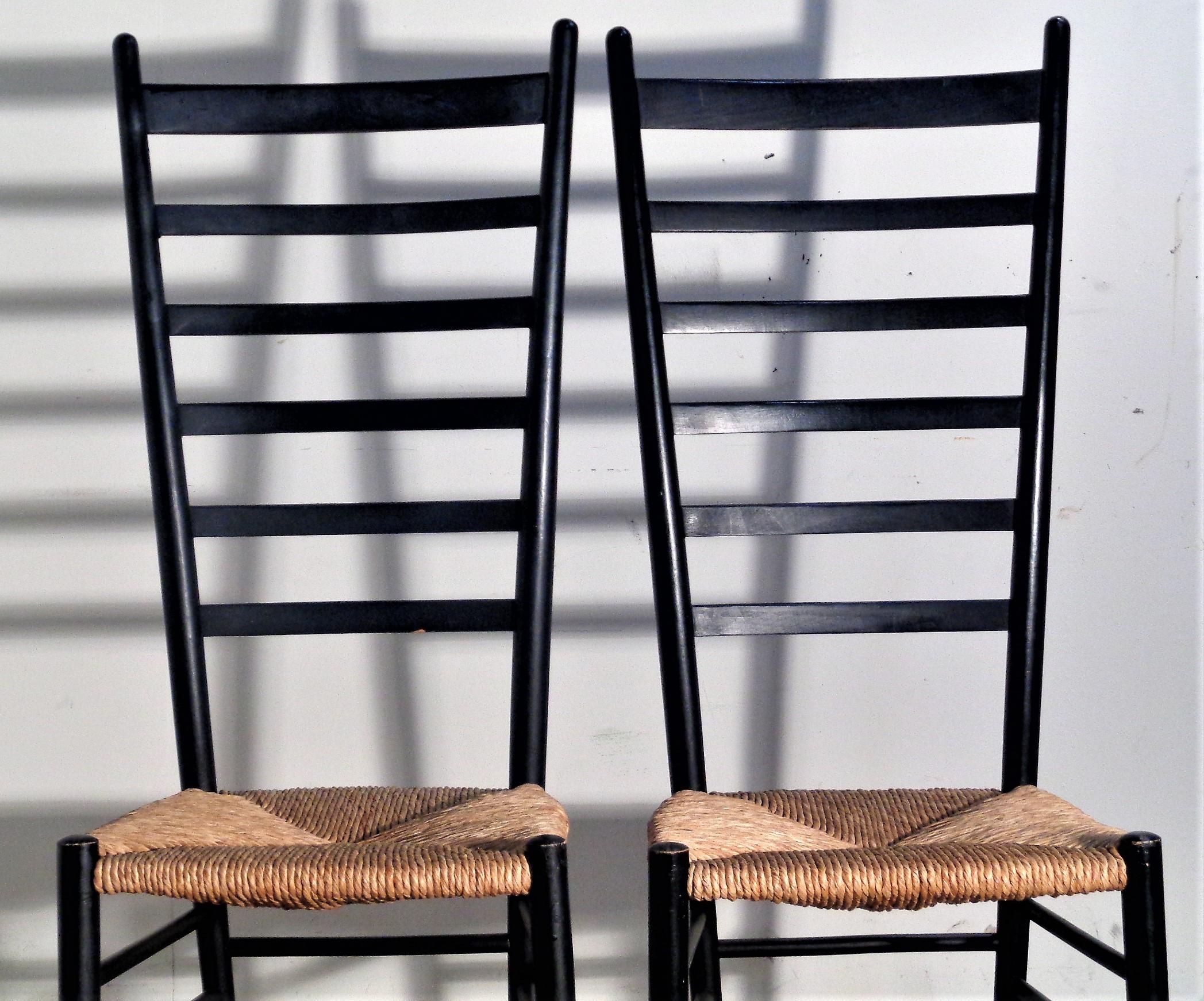 Tall Ebonized Ladder Back Chairs Style of Gio Ponti, Made in Italy 1960's In Good Condition In Rochester, NY
