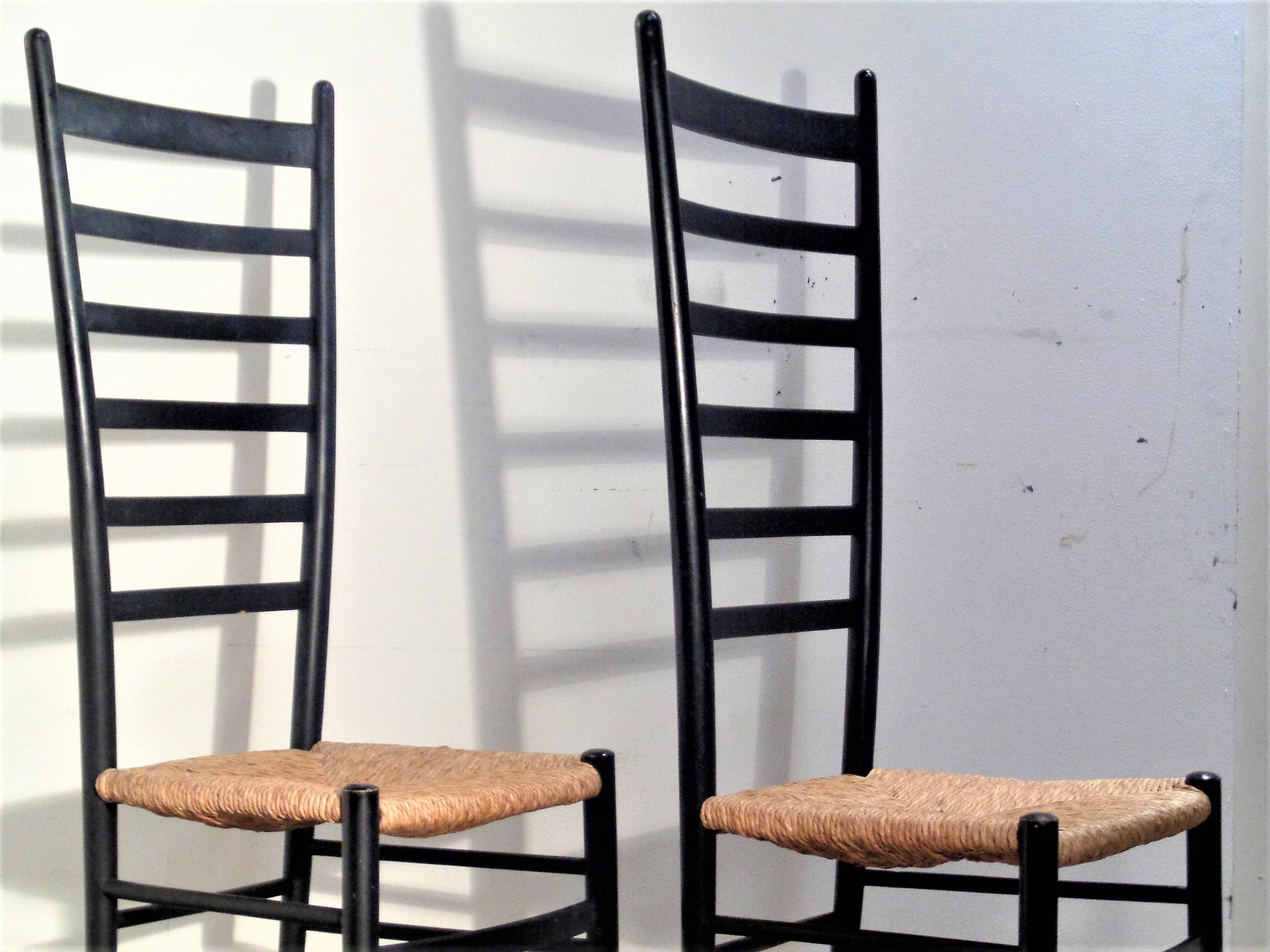  Tall Ebonized Ladder Back Chairs Style of Gio Ponti, Made in Italy 1960's 2