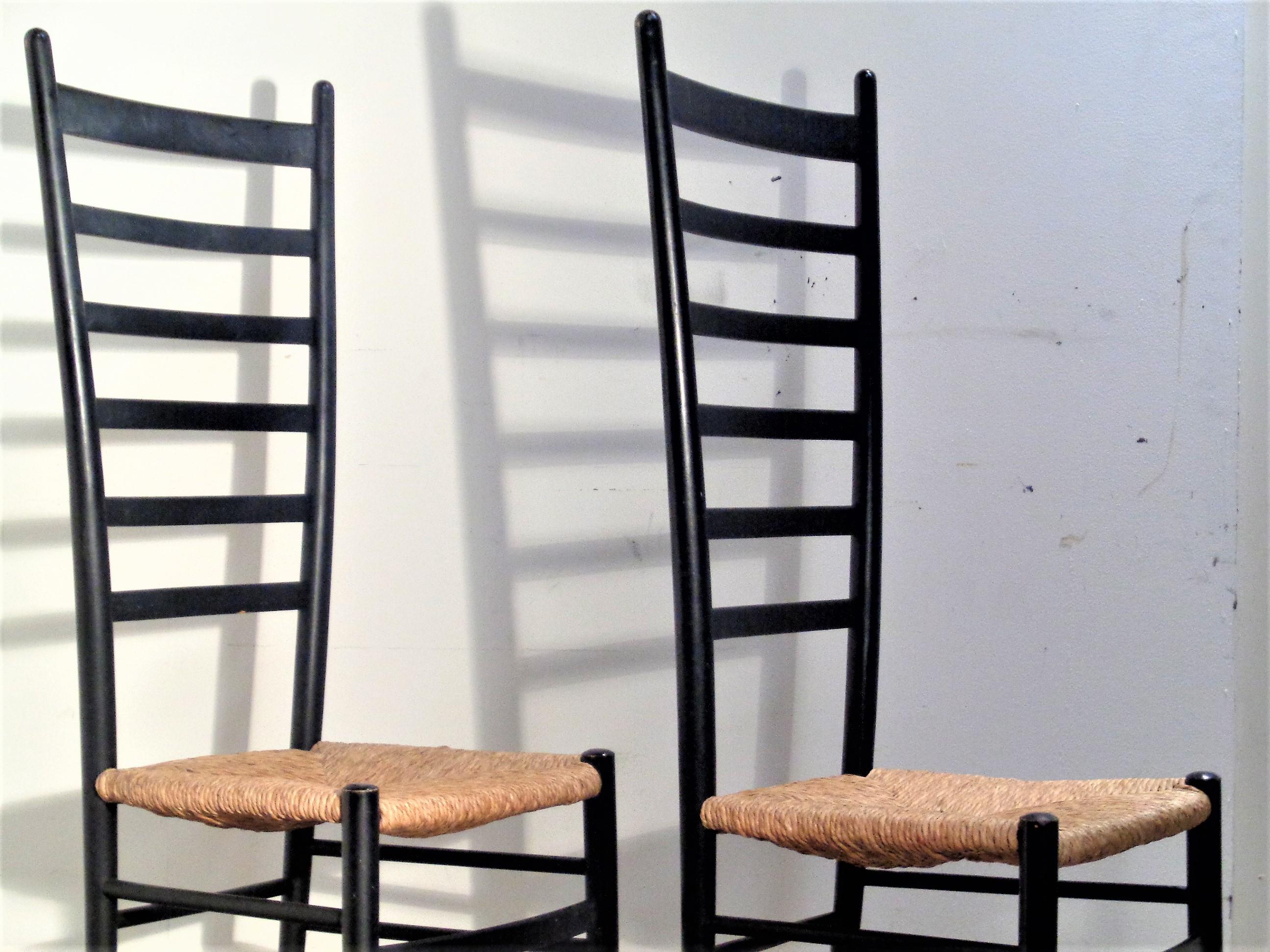 Tall Ebonized Ladder Back Chairs Style of Gio Ponti, Made in Italy 1960's 2