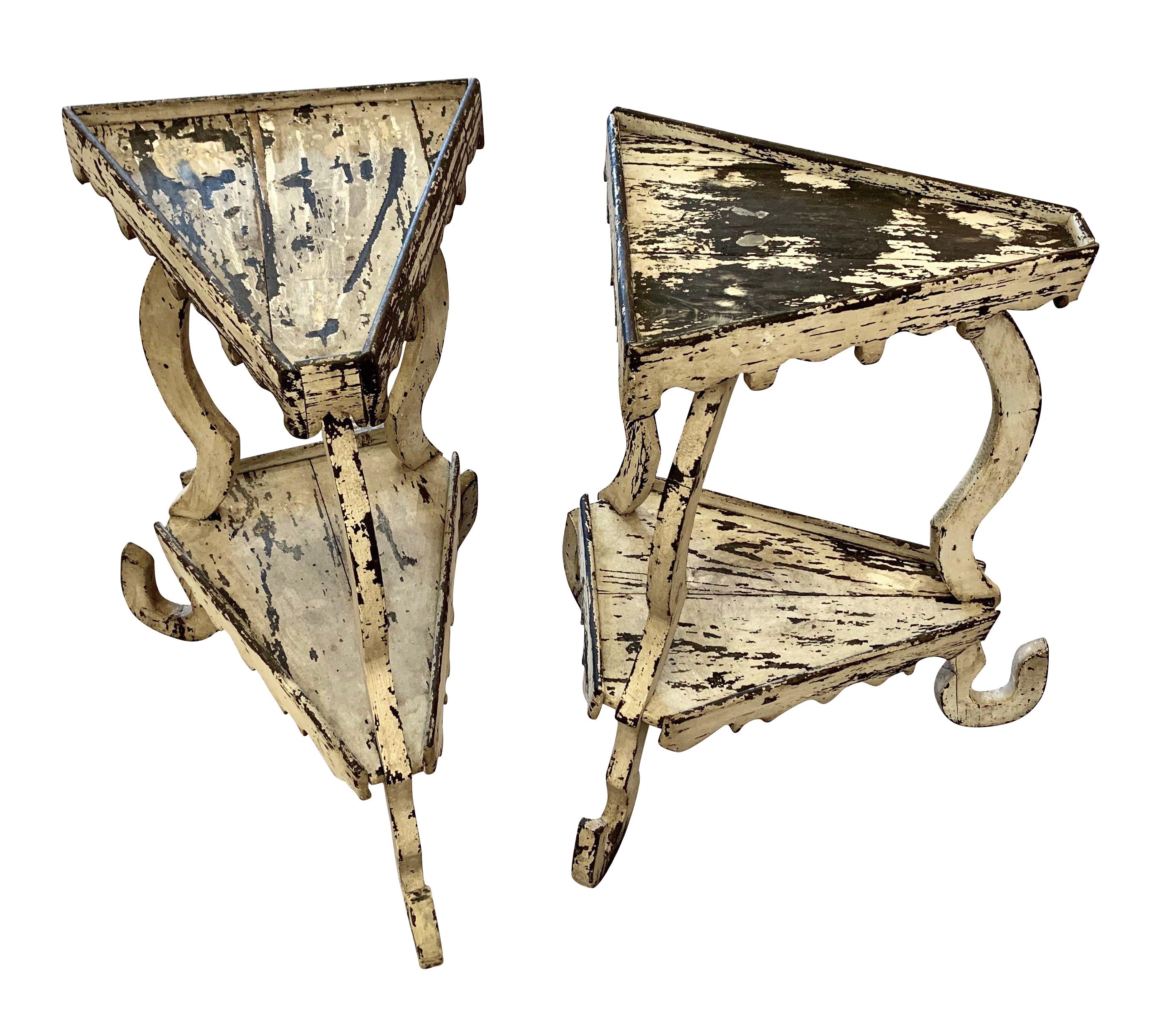 Unusual pair of ornate 19th century Italian side tables.
Nice washed white patina.