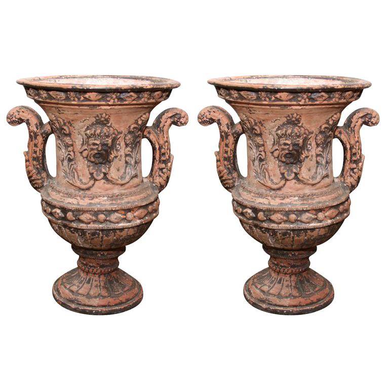 Pair of Italian Terra Cotta Urns For Sale at 1stDibs