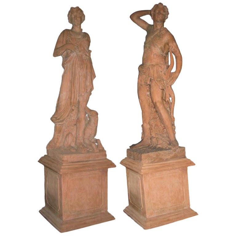 Pair of Italian Terracotta Garden Statues On Pedestals, LifeSize at