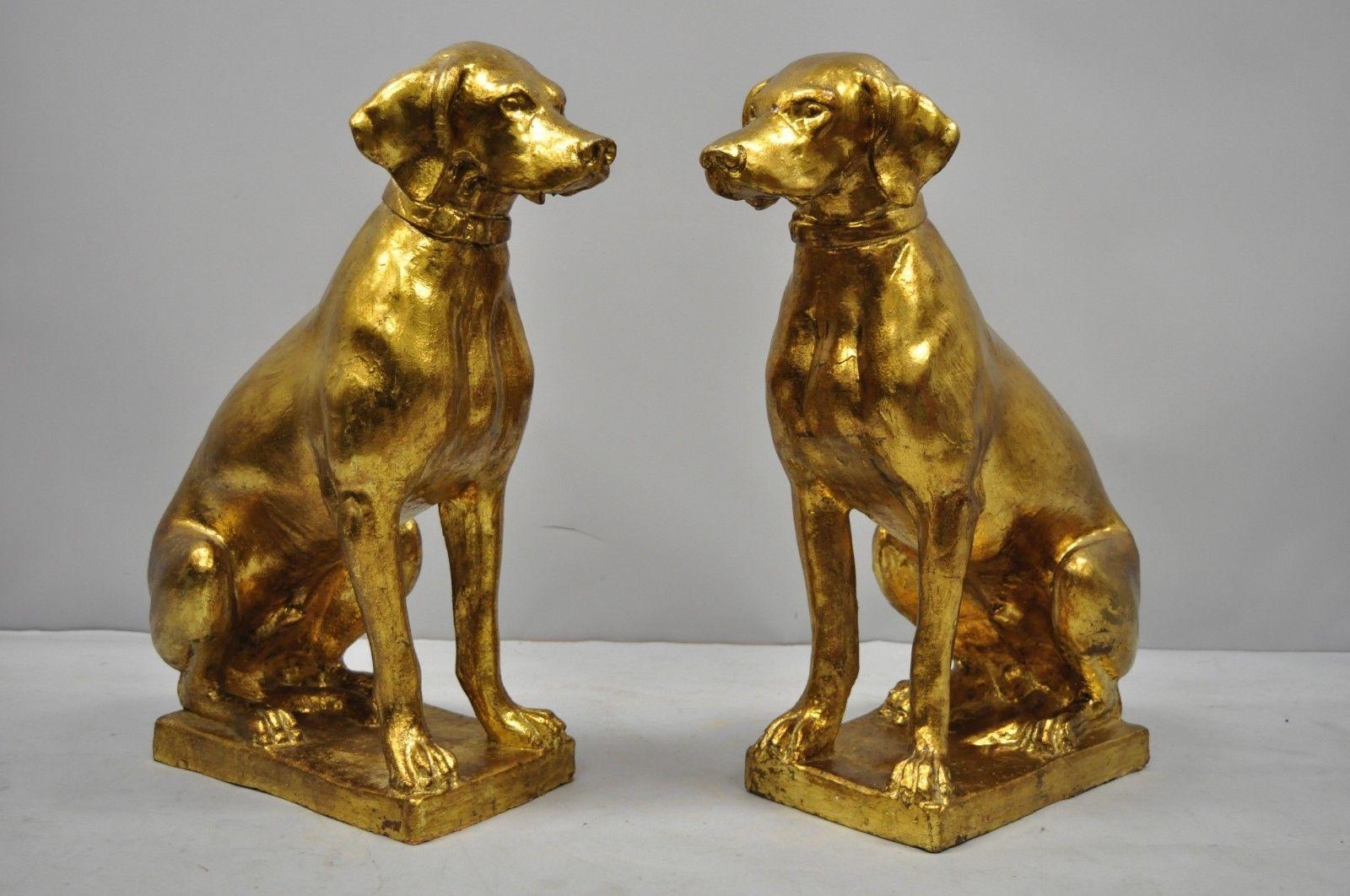 Pair of Italian Terracotta Gold Leaf Labrador Retriever Dog Statue Sculpture 4