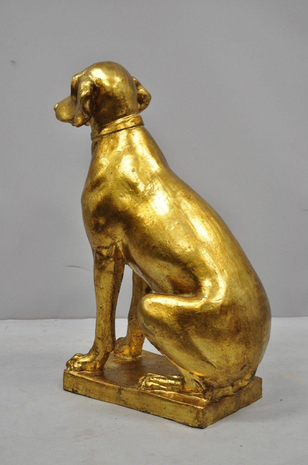 Hollywood Regency Pair of Italian Terracotta Gold Leaf Labrador Retriever Dog Statue Sculpture