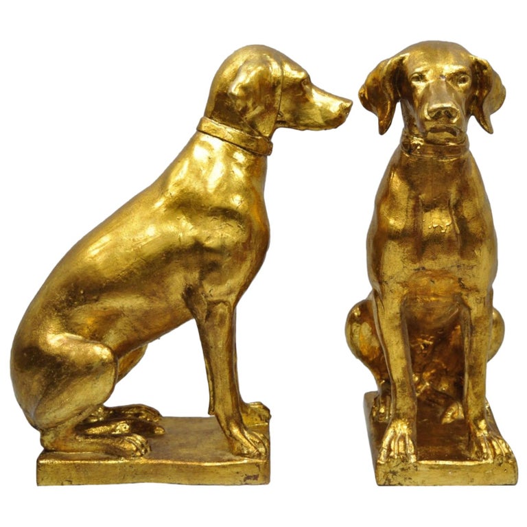 Pair of Italian Terracotta Gold Leaf Labrador Retriever Dog Statue