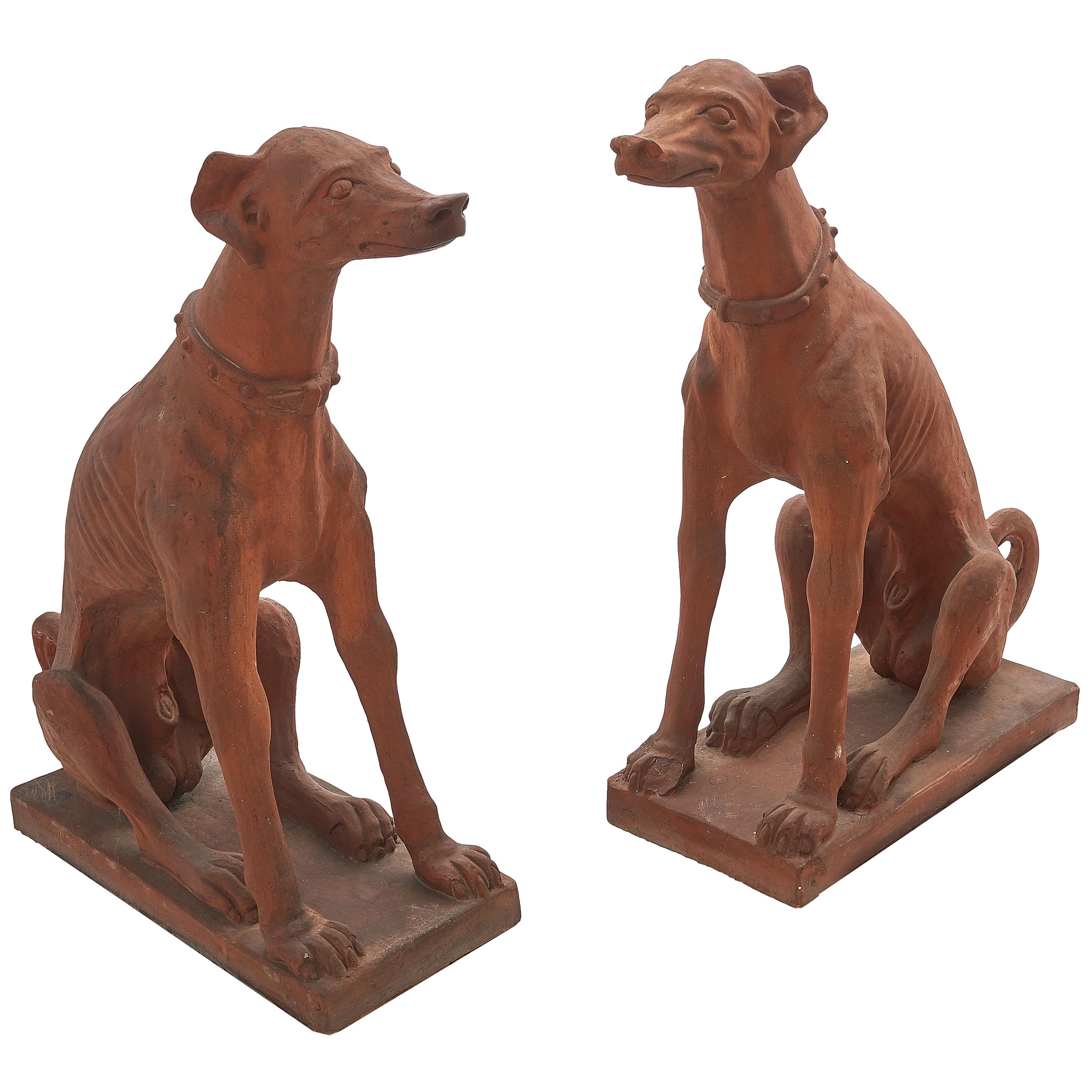 Pair of Italian Terracotta Statues of Whippets, circa 1860
