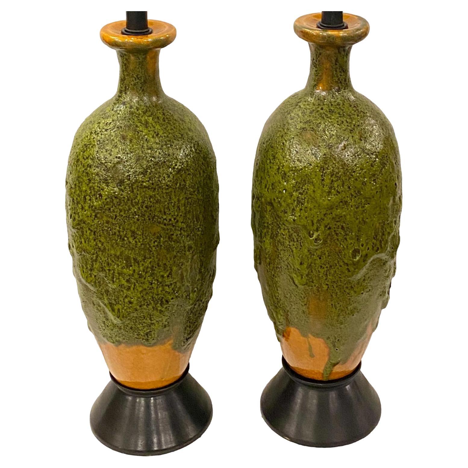 Pair of Italian Textured Ceramic Lamps For Sale