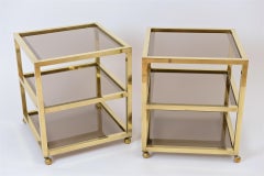 Pair of Italian Three-Shelf Cubic Brass Side Tables / Trolleys