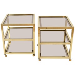 Pair of Italian Three-Shelf Cubic Brass Side Tables / Trolleys