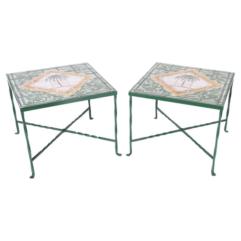 Pair of Italian Tile Top Tables with Palm Trees For Sale at 1stDibs