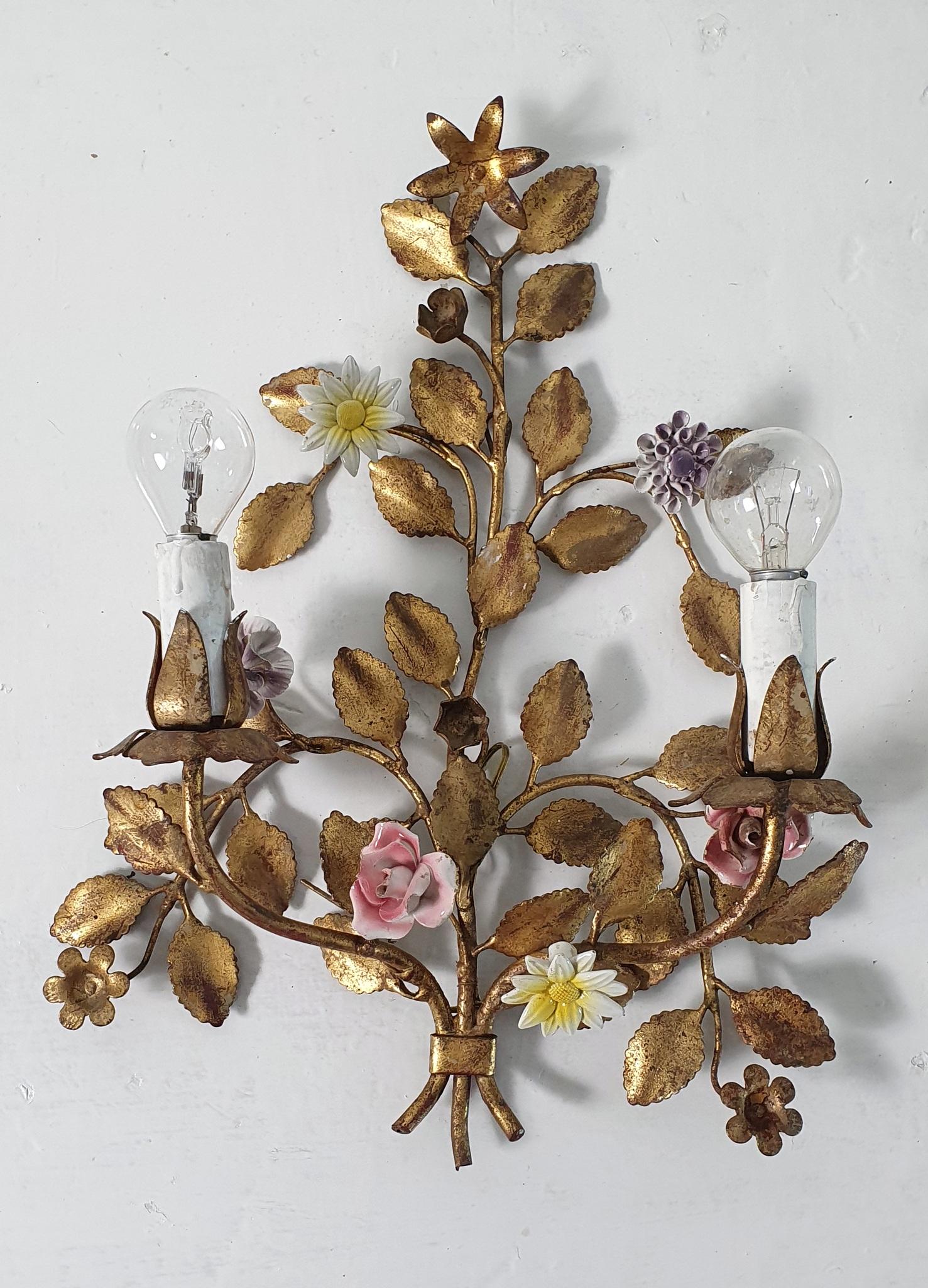 Rococo Pair of Italian Tole and Flower Wall Sconces, 1950s