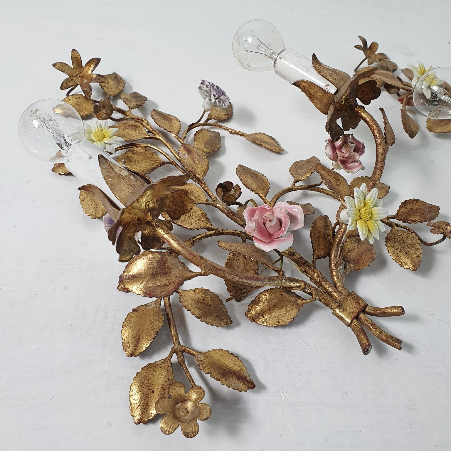 Pair of Italian Tole and Flower Wall Sconces, 1950s 1
