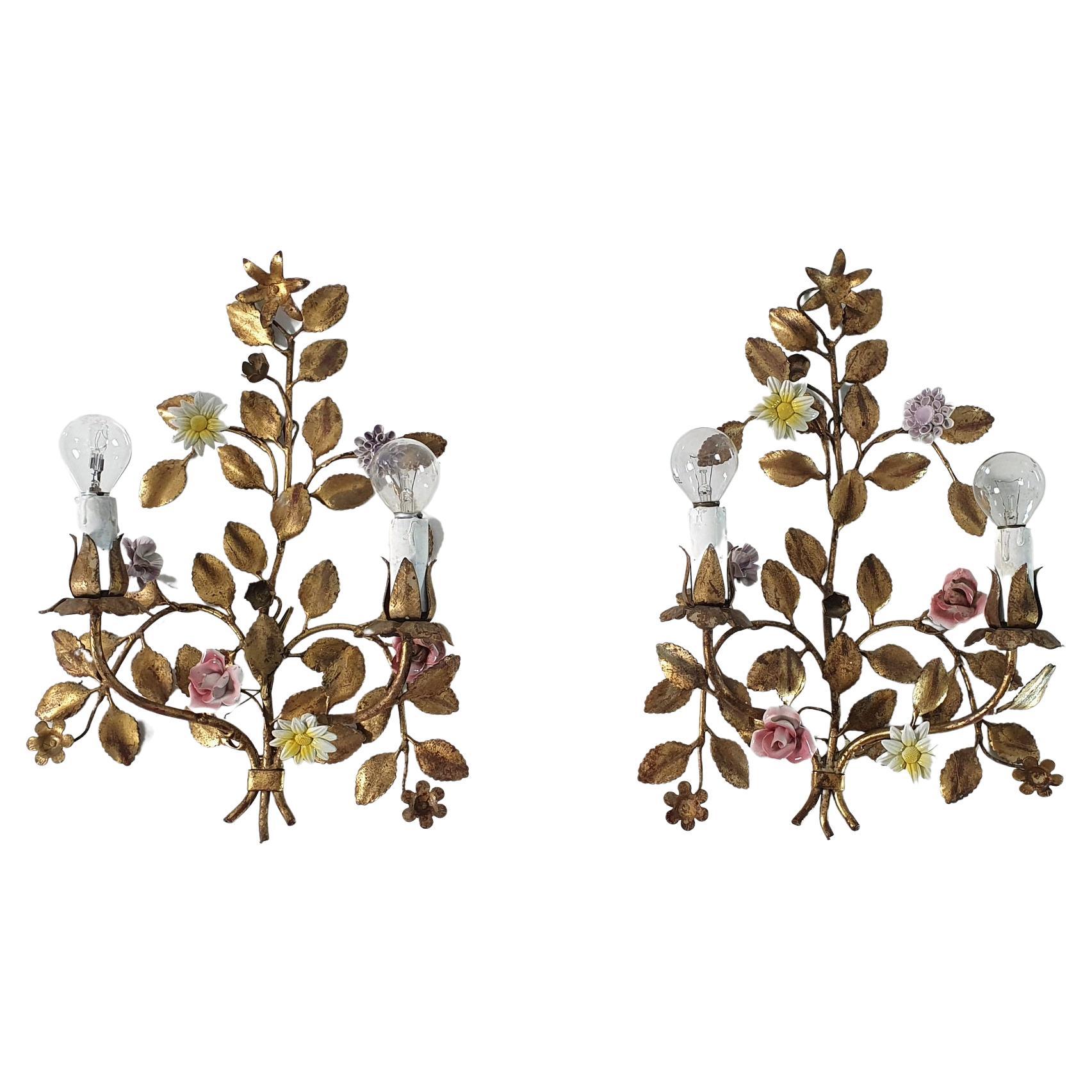 Pair of Italian Tole and Flower Wall Sconces, 1950s