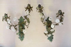 Pair of Italian Tole and Porcelain Two-Light Wall Appliqués, 19th Century